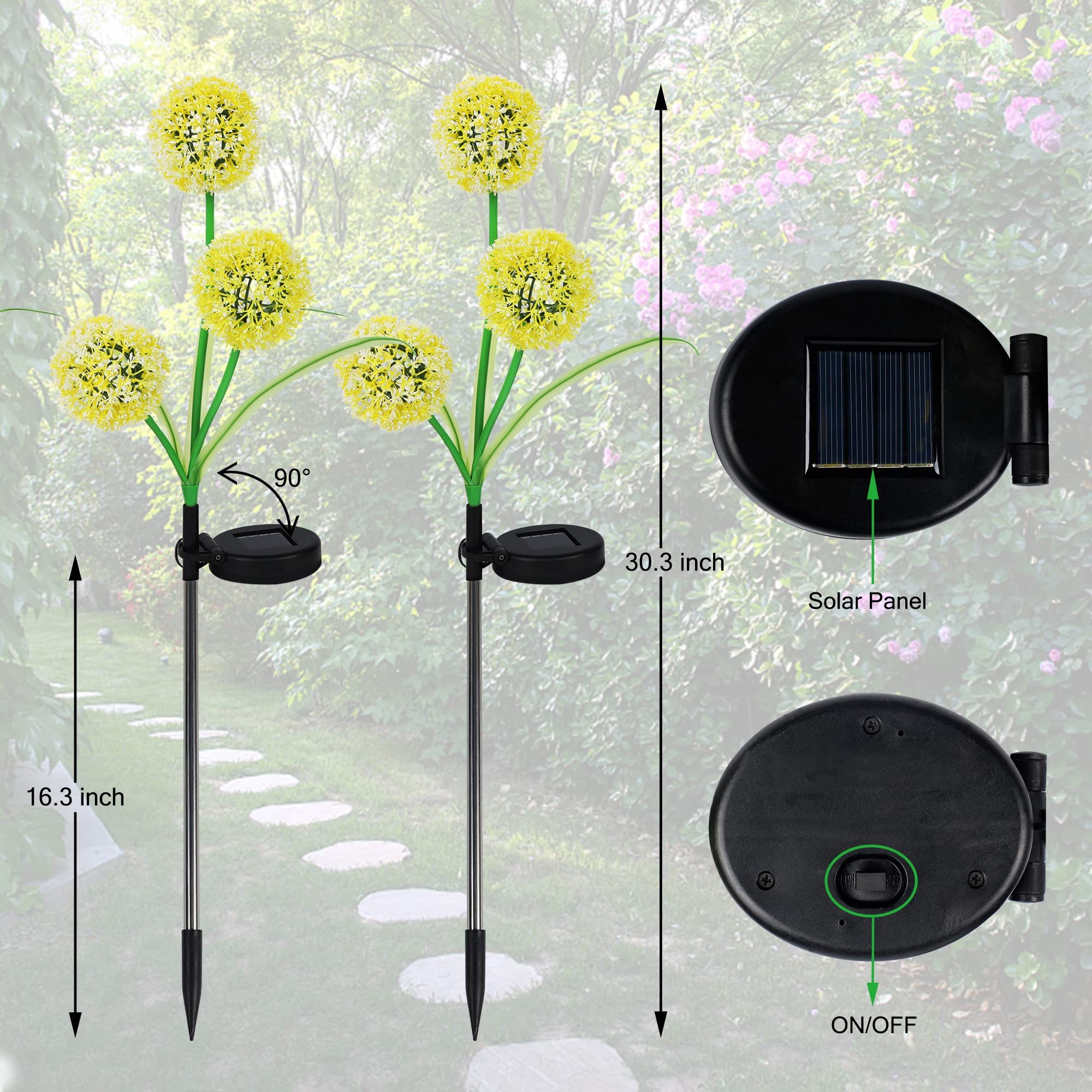 Forup Solar Garden Stake Lights - Dandelion Design, Yellow & White Led Outdoor Decor, 2 Pack