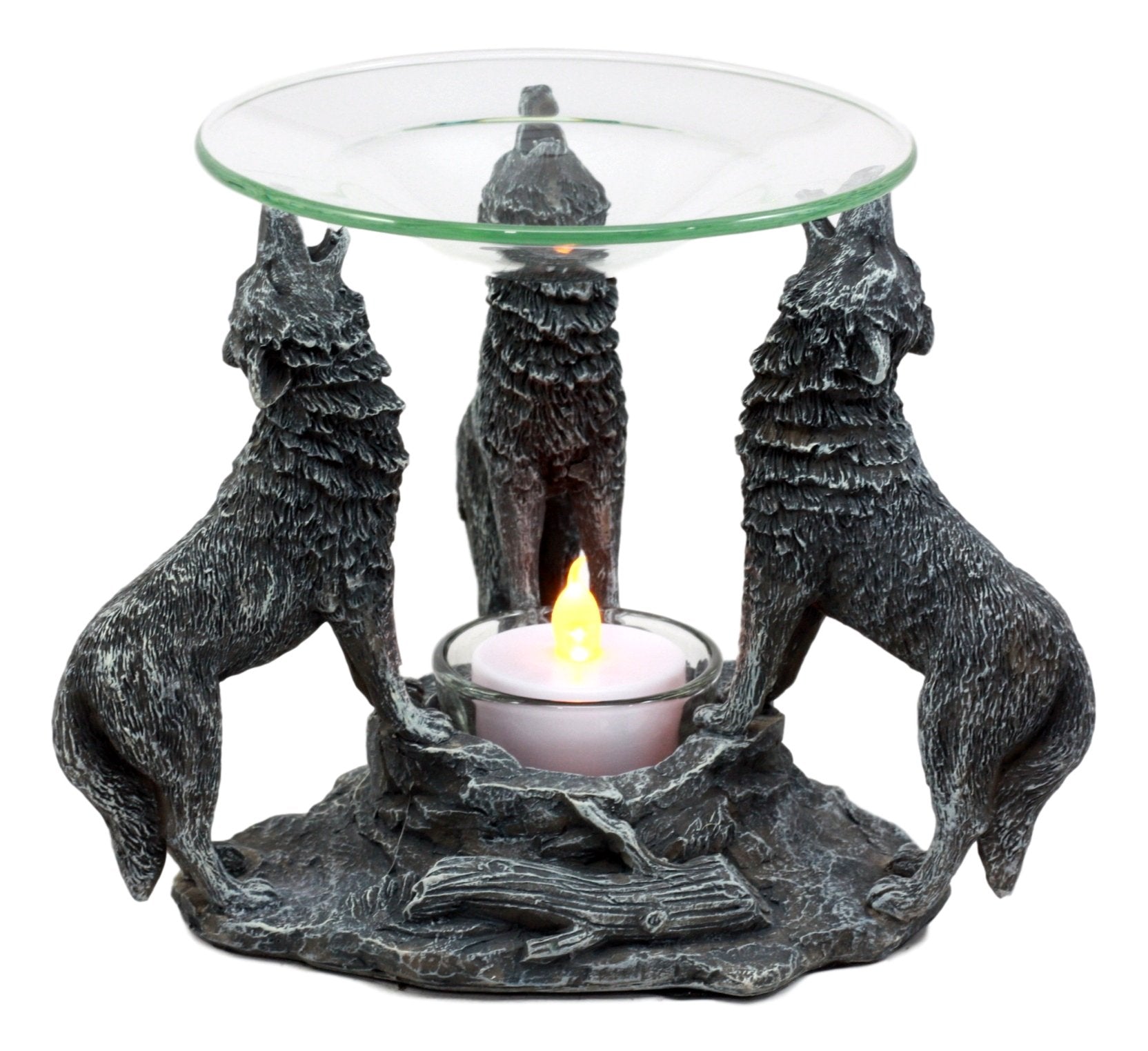 Ebros Gift Moonlight Three Howling Wolves Oil Warmer Or Wax Tart Burner Aroma Scent Diffuser Statue Faux Stone Resin Wolf Themed Decorative Figurine