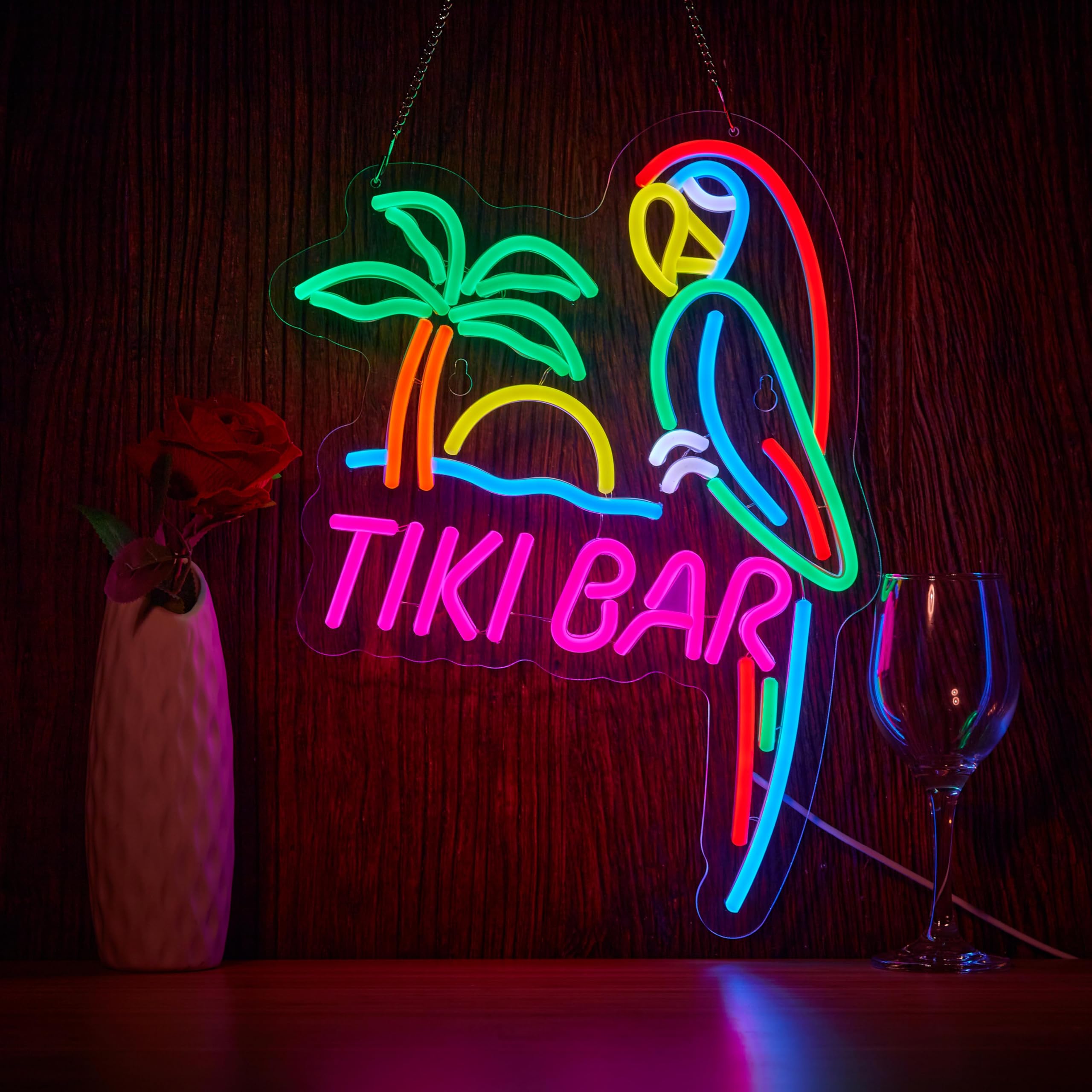 ZODZ Tiki Bar Parrot Neon Light Sign Dimmable USB Powered 17x13 inch Pink Yellow Green White Blue Orange