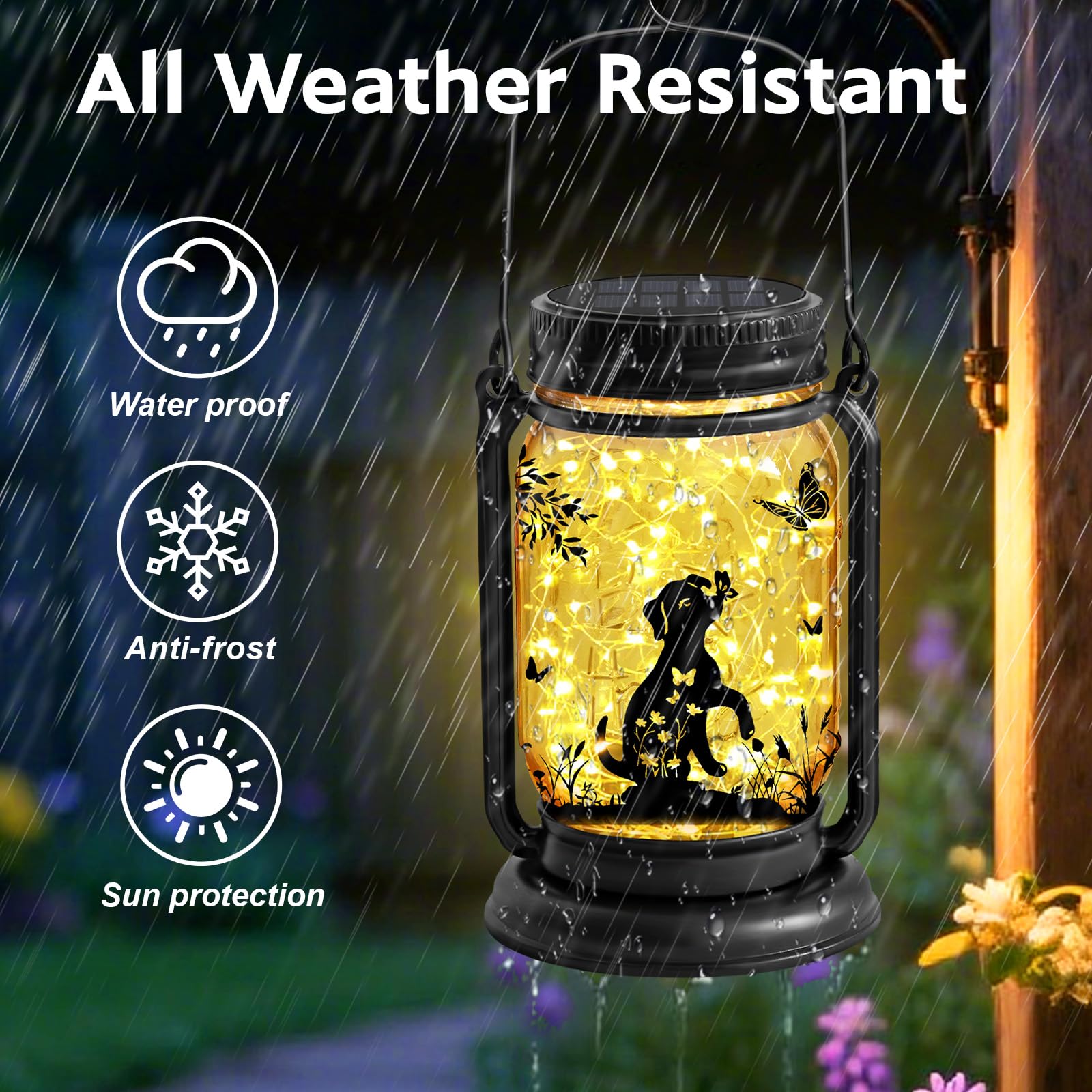 ANGMLN Dog Solar Lantern - 3-in-1 Waterproof Mason Jar Hanging Lights for Garden Decor, Model FG-61, Glass, Dog Color