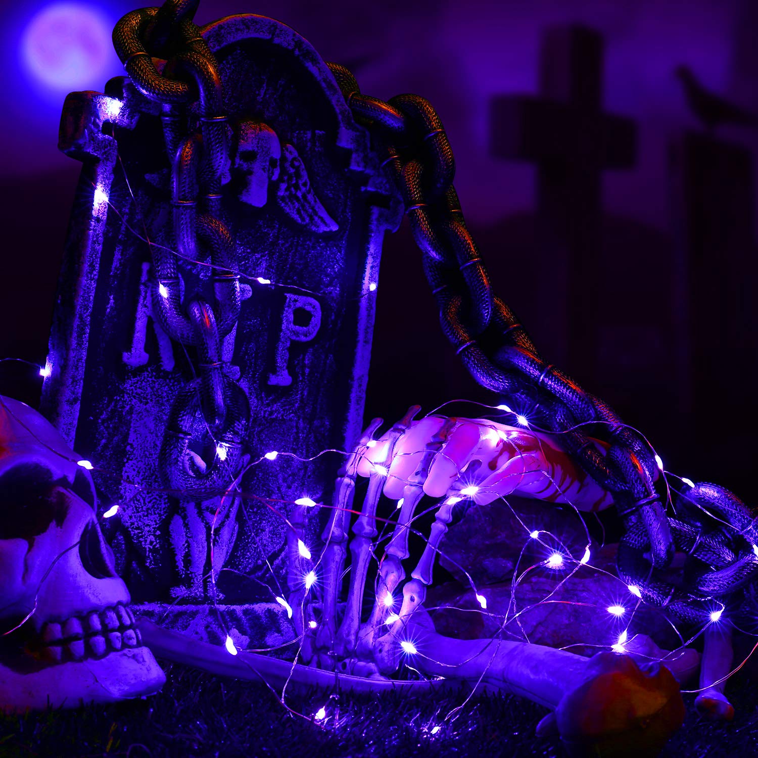 Brizlabs Purple Halloween Lights, 19.47Ft 60 Led Purple Fairy Lights, 2 Modes Battery Halloween String Light, Indoor Silver Wire Halloween Twinkle Lights For Halloween Themed Party Carnival Decoration