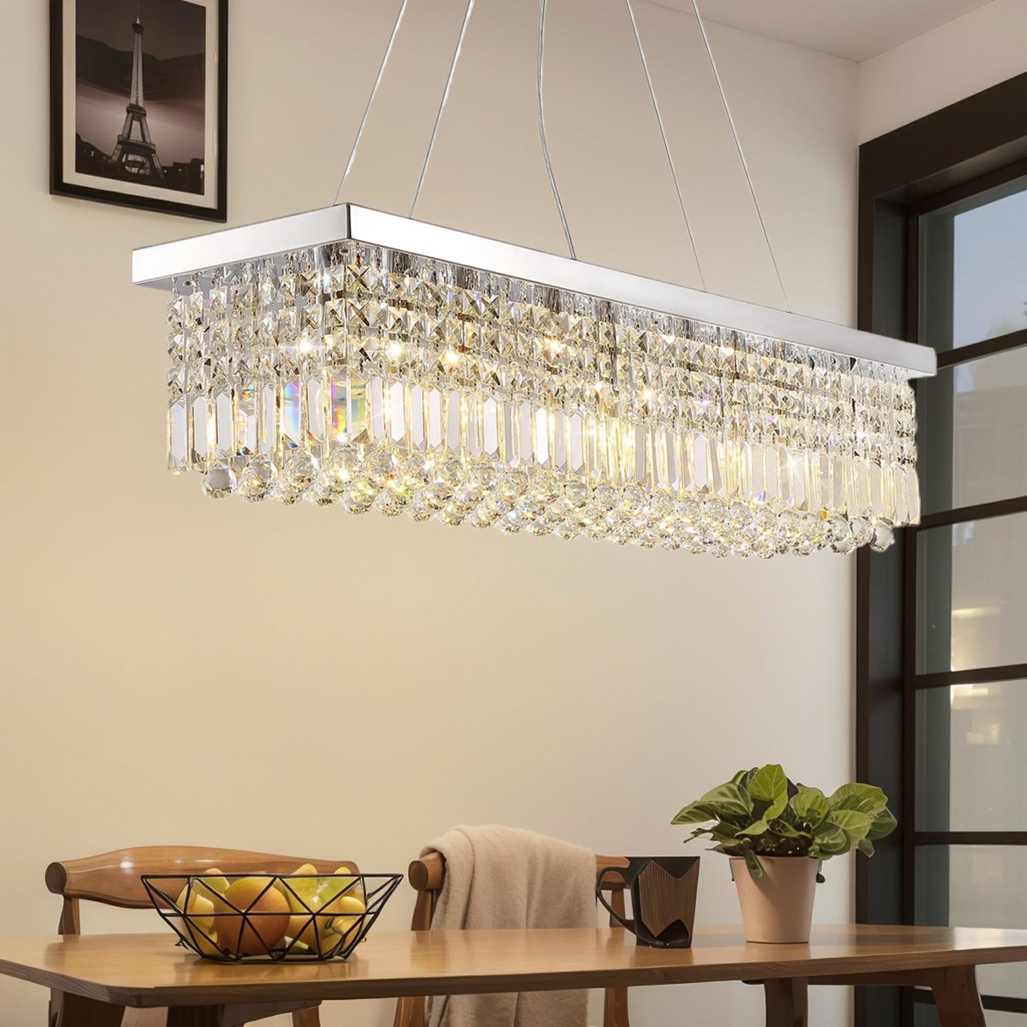 Tinkoso Crystal Chandelier For Dining Room,8-Light Modern Chandeliers,K9 Crystal Rectangle Chandelier,Farmhouse Pendant Light Fi