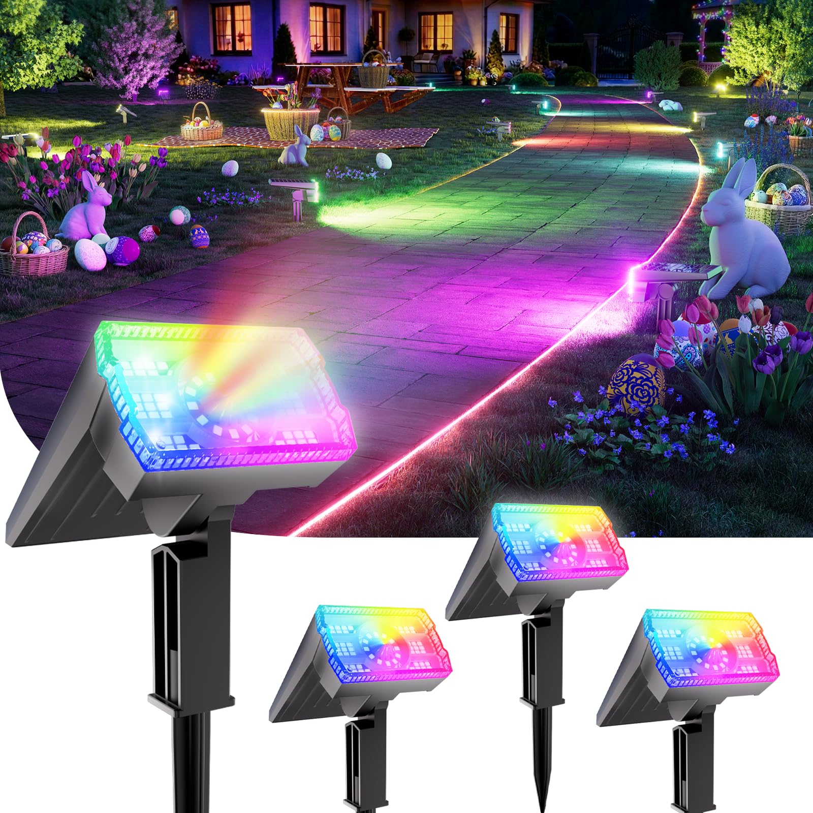 Christmas Solar Spot Lights Outdoor Waterproof 4-Pack, Multicolor RGB Solar Powered Landscape Lights with 6 Colors 10 Modes, 58 