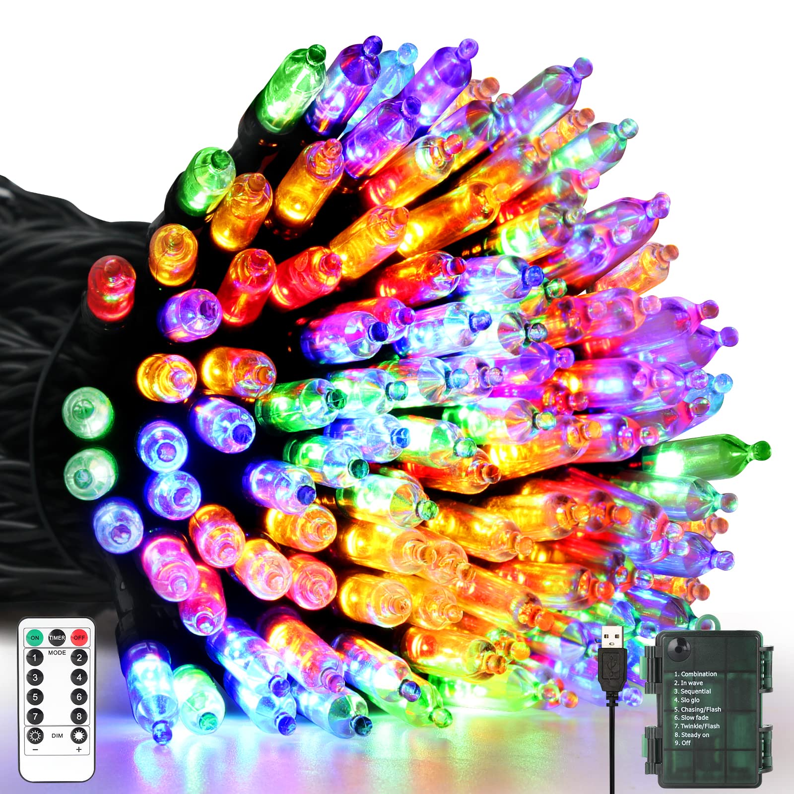 Tcamp Battery Operated Christmas Lights, 33ft 100LED, Remote Timer, 8 Modes, Waterproof, Multicolor