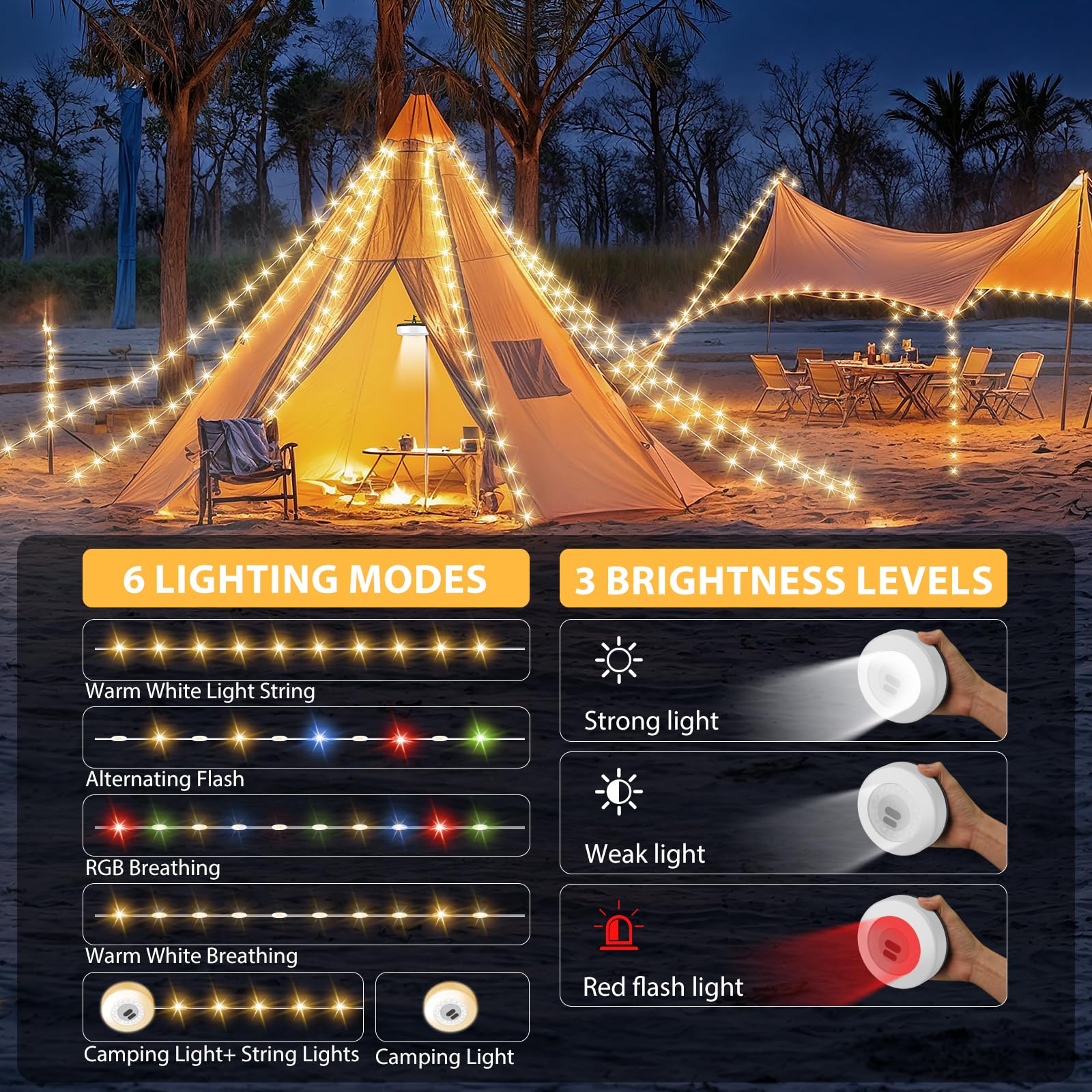 UGDLUCK Camping String Lights, 32.8FT Rechargeable, 9 Modes, Warm & RGB, 2PACK, Model CD013, Waterproof, Plastic