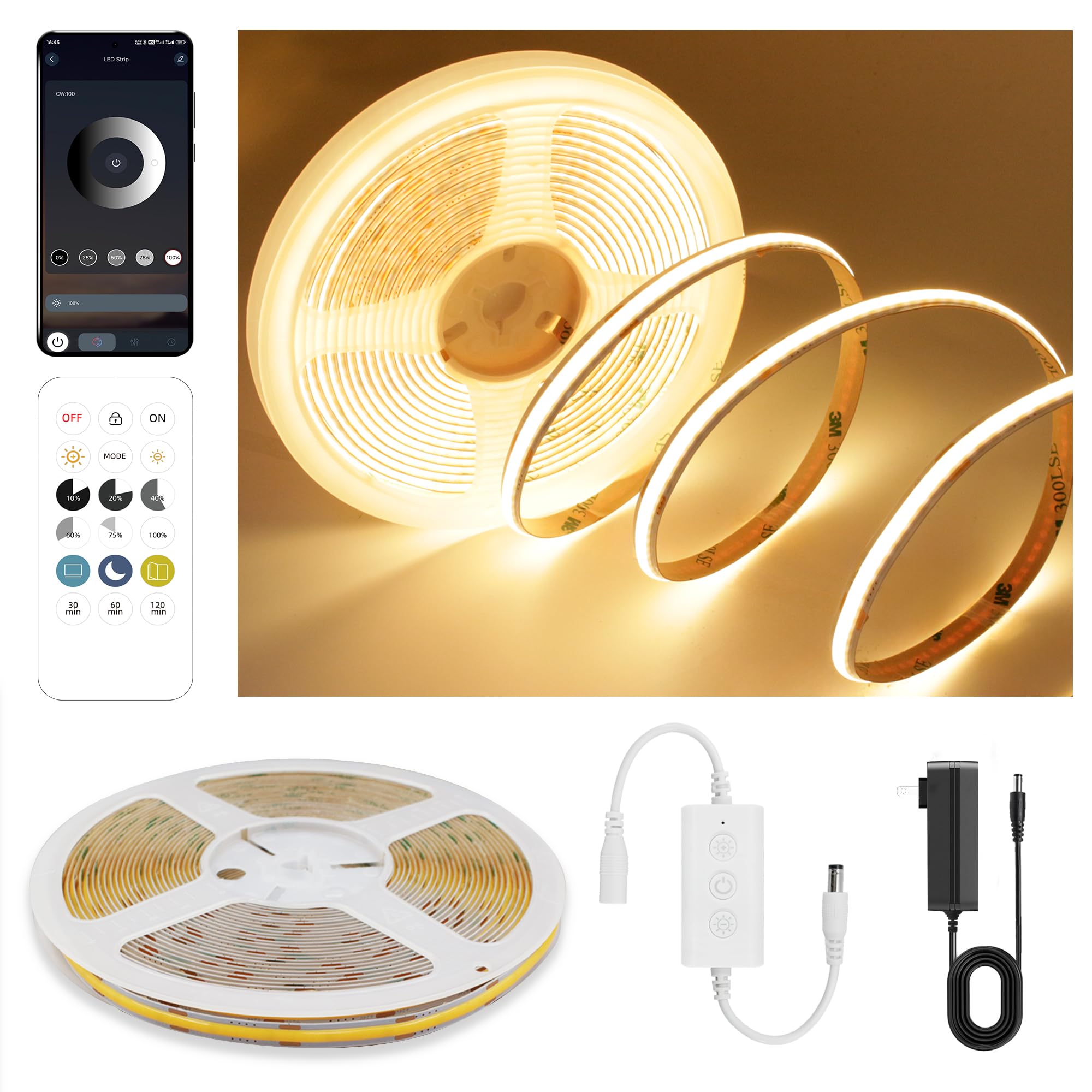 Pandery COB LED Strip Lights, 24V Dimmable, 9.84FT, Warm White 2700K, Cuttable Flexible Light Strip, Model PD-COB-24V