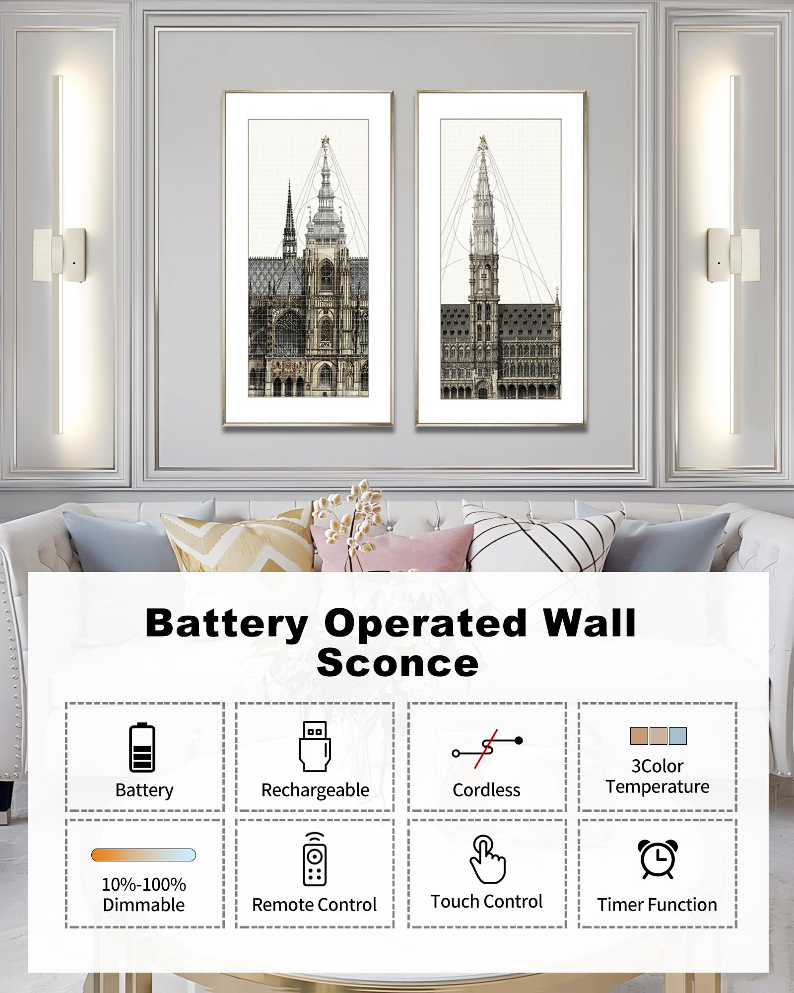 32 Inch Rechargeable Battery Operated Wall Sconce Set of Two, Wireless 3000K/4500K/6000K Dimmable Timer, Remote Touch Control US