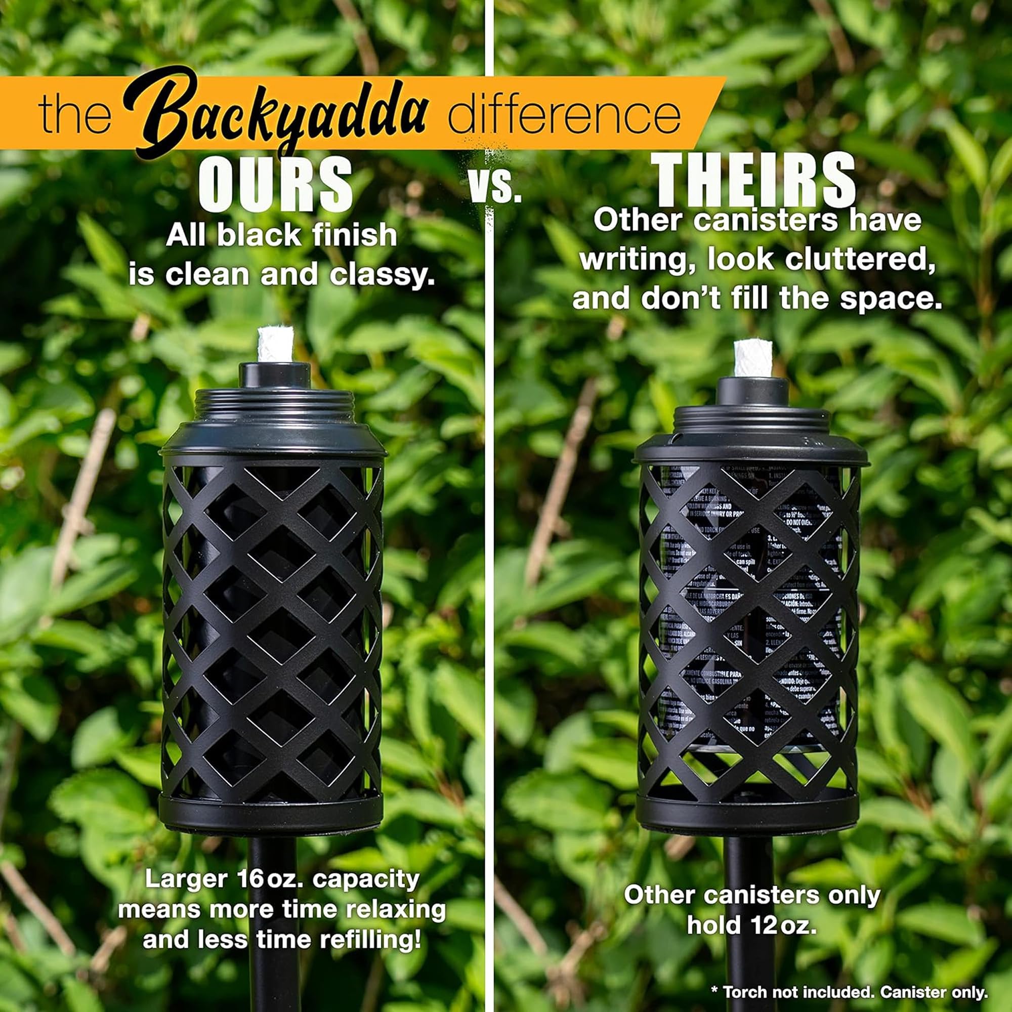 Backyadda Torch Replacement Canisters (16 oz). Compatible with Tiki Torches. Easy Fill Opening. 6-Pack Standard Metal (with Caps