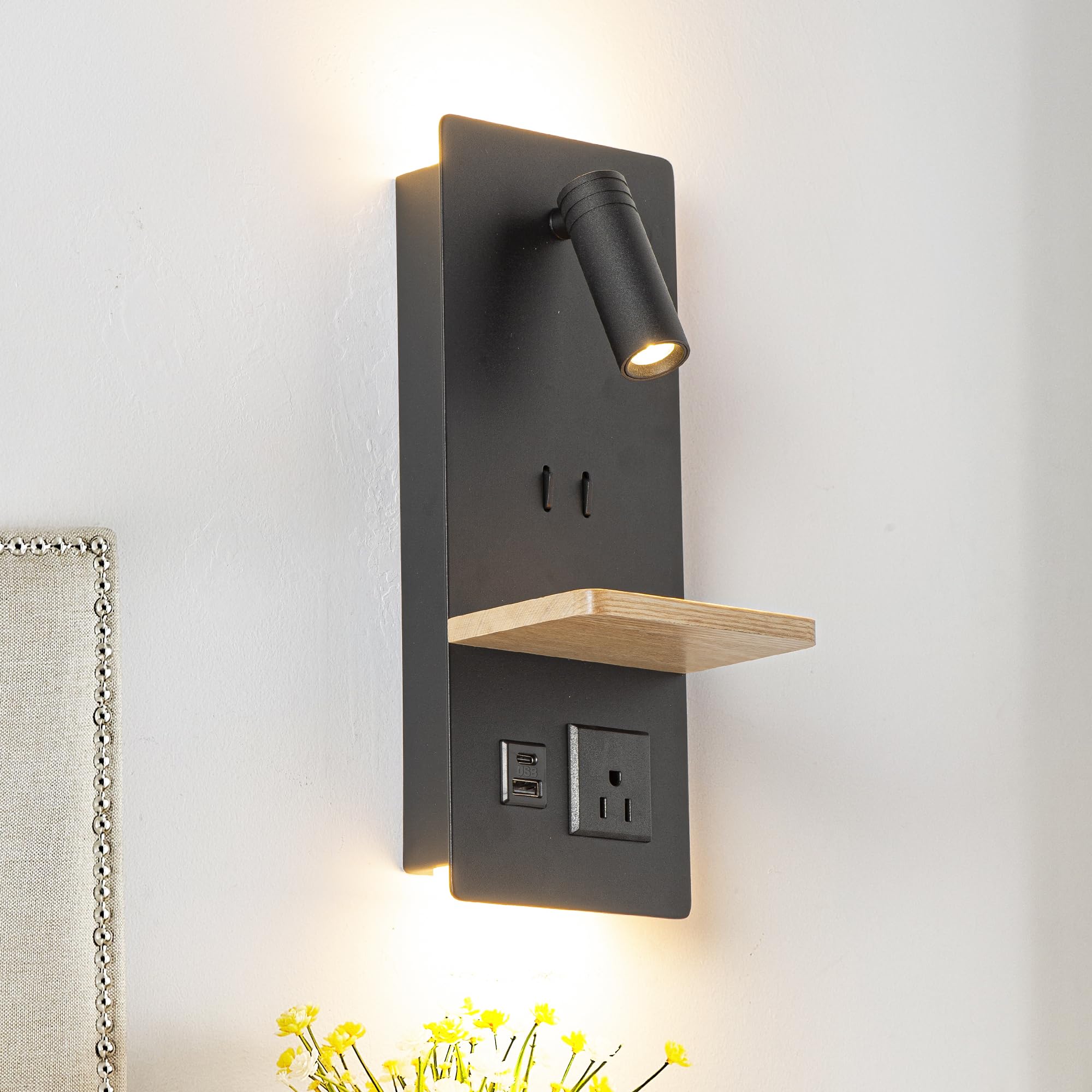 Swing LED Wall Sconce Plug in Cord for Bedroom, Modern 3-light Wall Light fixture with Shelf, charging port and Scoket for Livin