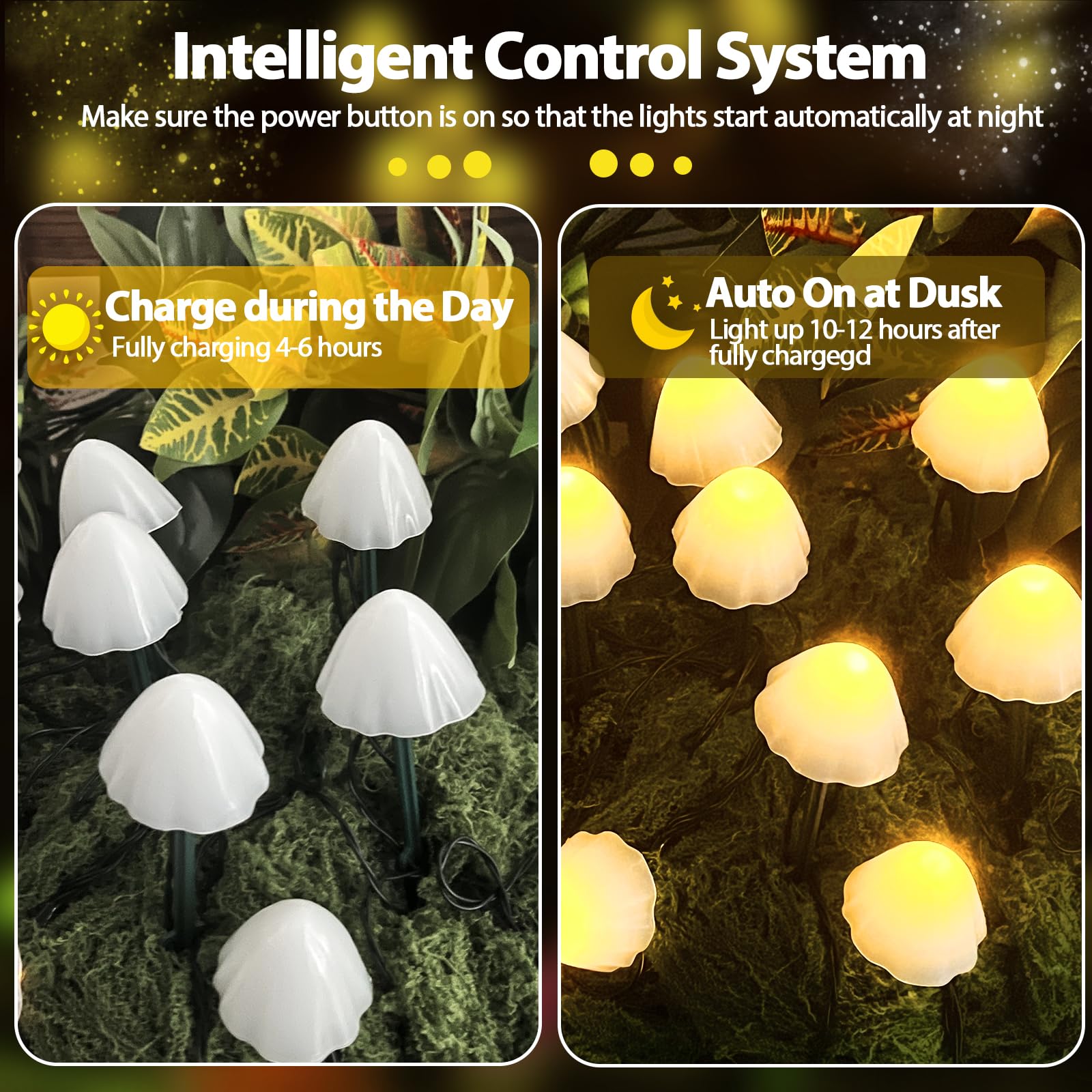 OZS Solar String Lights 32LED 55FT 2 Pack Waterproof Mushroom Warm White with 8 Lighting Modes for Garden Pathway Decor