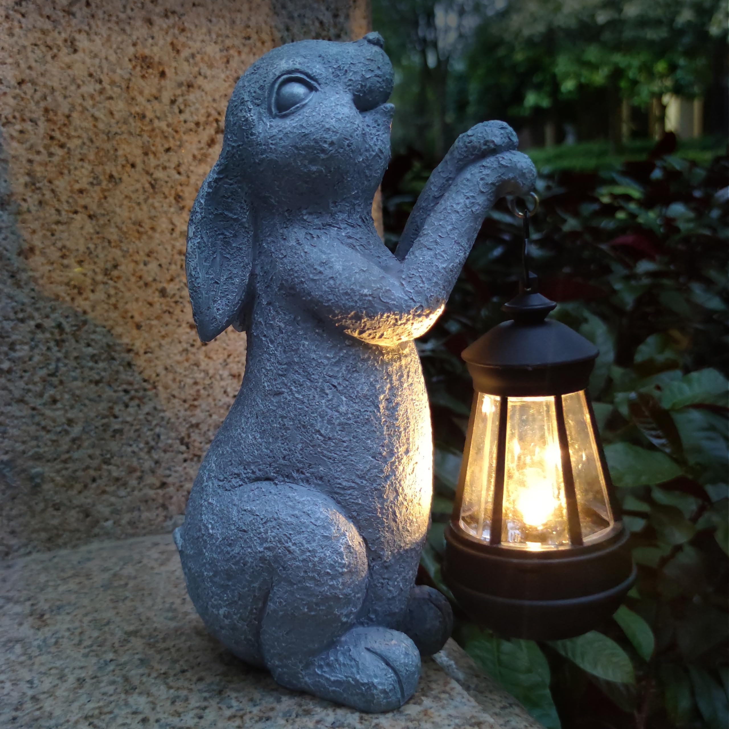 VIOYOUNS Rabbit Solar Garden Outdoor Statues,Resin Rabbit Figurine Decorations with Solar Lights Lantern, Outdoor Rabbit Art Dec