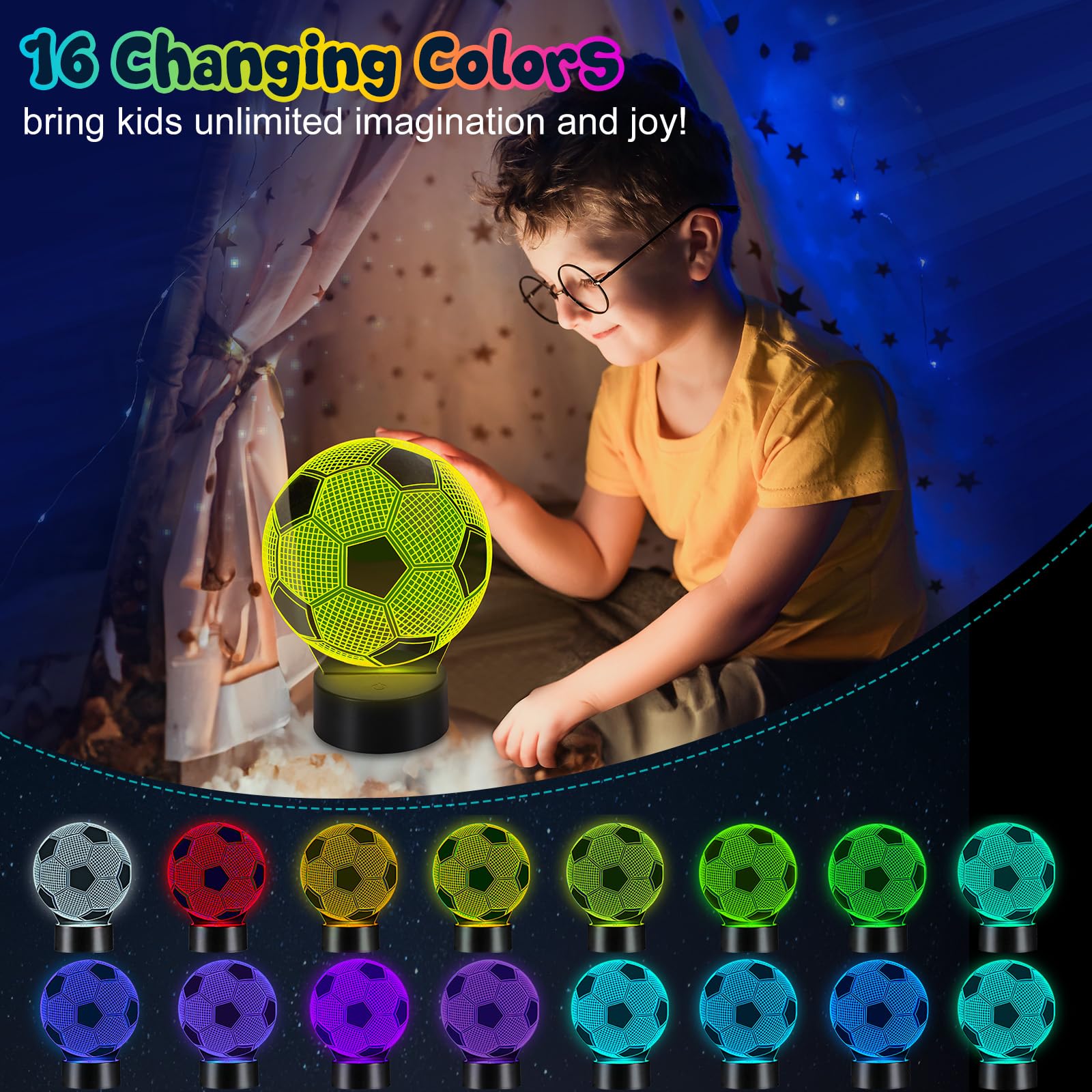 Linkax Soccer Ball 3D Illusion Lamp - Easter Basket Stuffers For Boys Ages 8-13, 16 Color Changing