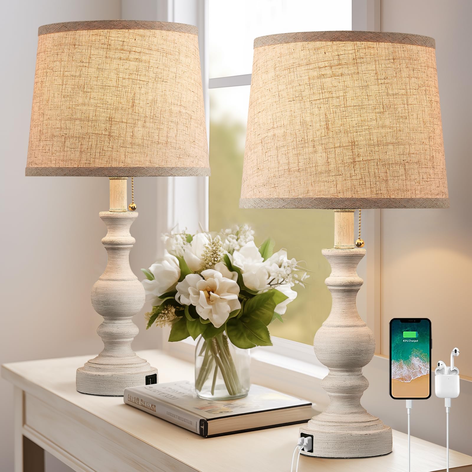 Farmhouse Table Lamps for Bedroom Set of 2 Bedside Lamps for Nightstand with USB C+A Charging Ports Traditional Side Table Lamps