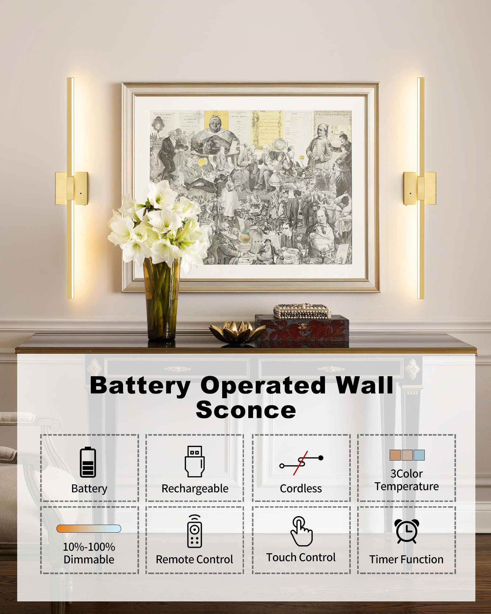 Rechargeable Battery Operated Wall Sconce Set of Two, 24 Inch, Wireless, 3000K/4500K/6000K, Dimmable, Timer, Remote, Touch Contr