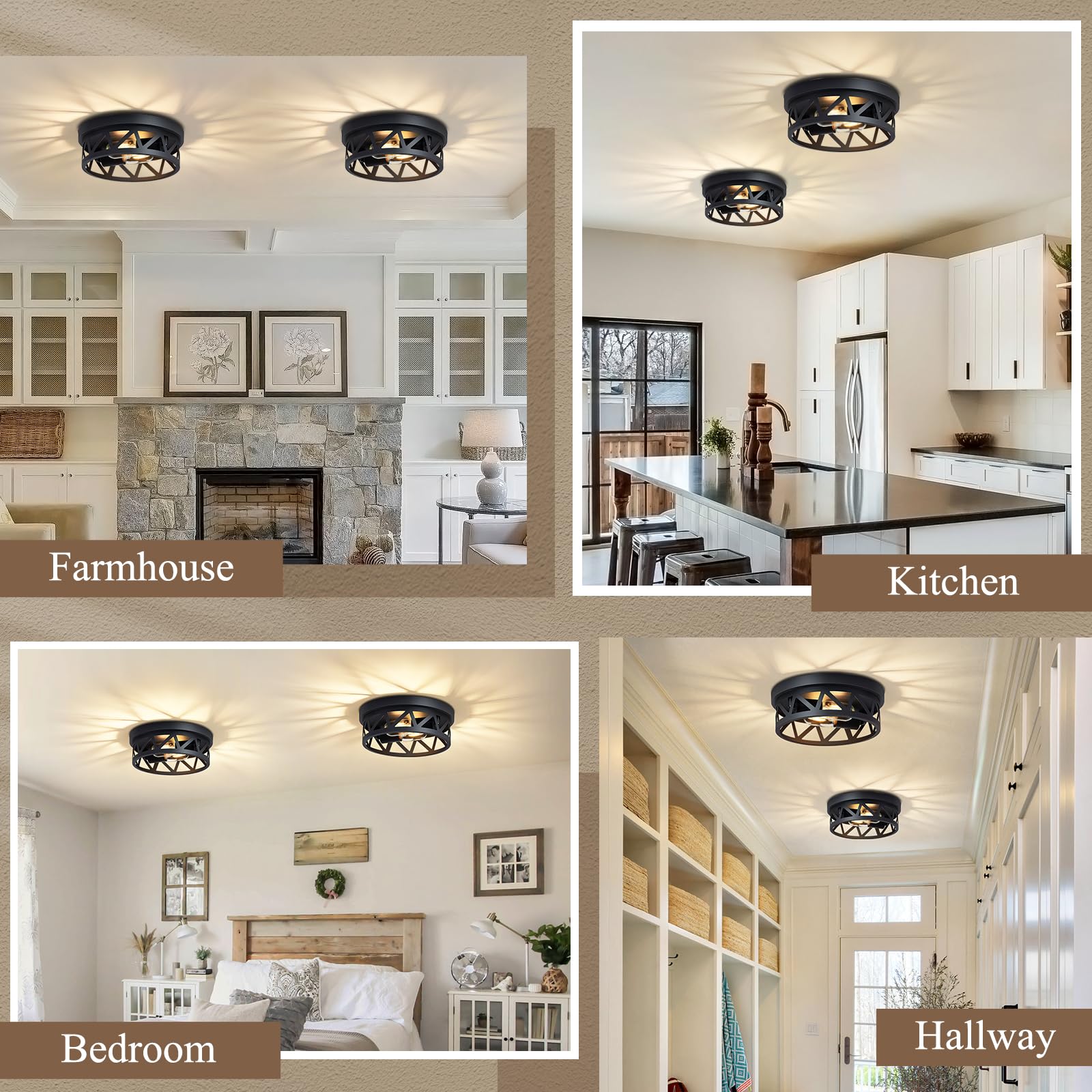 Dpxekq Black Flush Mount Ceiling Light Fixture,2-Light Hallway Light Fixtures Ceiling,Light Fixtures Ceiling Mount For Hall,Kitchen,Farmhouse (2 Pack)