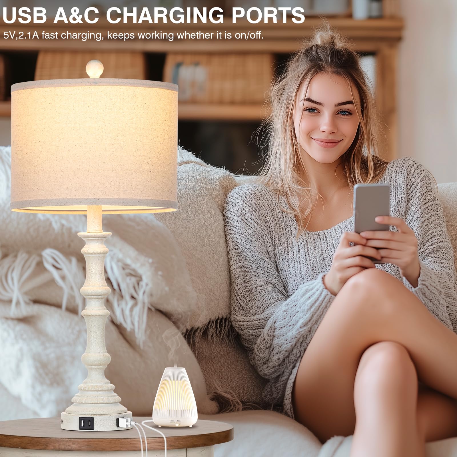 Cinkeda 27.5'' Farmhouse Table Lamps Set Of 2 With Usb C+A Ports & Ac Outlet For Vintage Living Room Retro Bedroom,3-Way Dimmabl