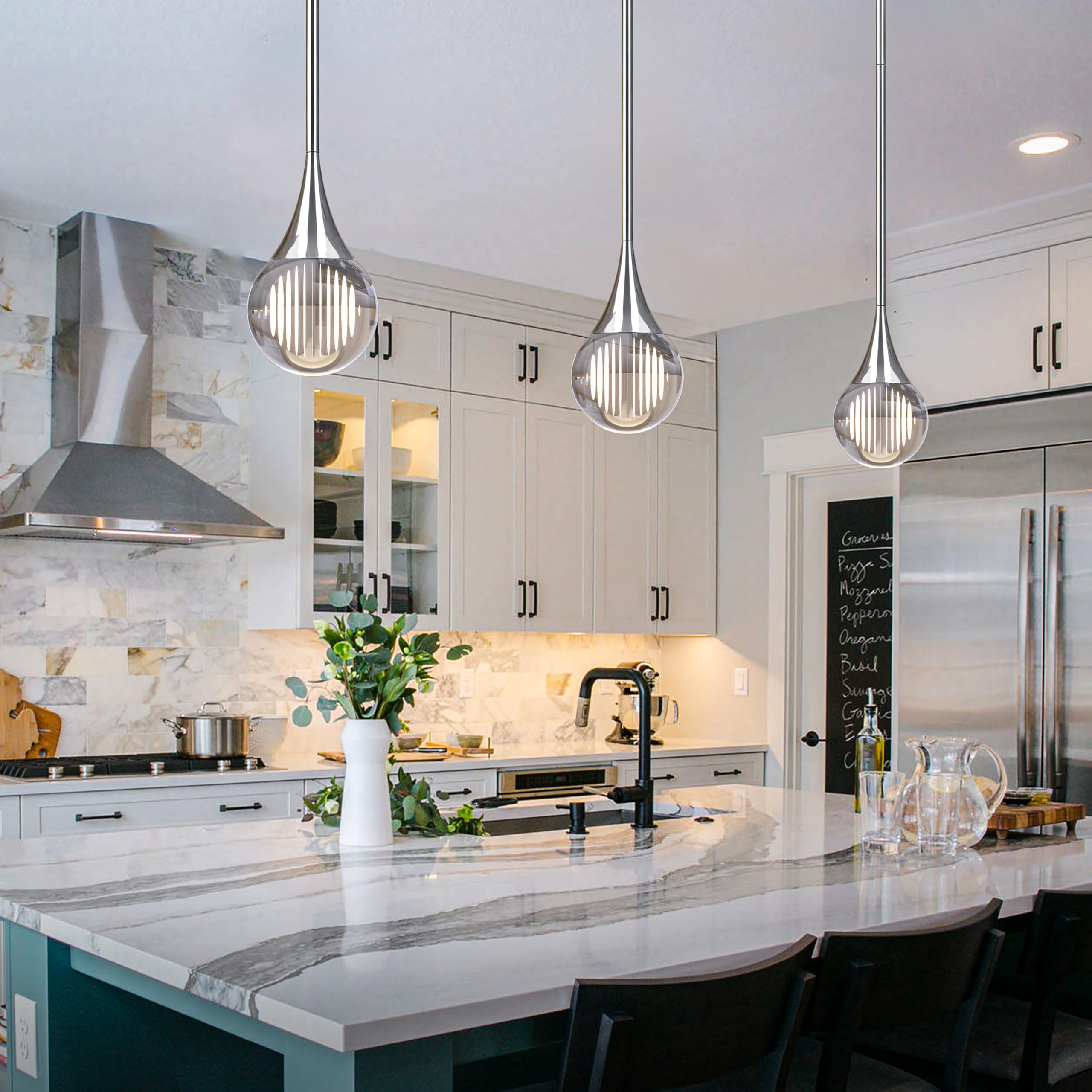 3-Pendant Lights Kitchen Island  Chrome Silver Globe Crystal Ceiling Hanging Light Fxitures  Led Light Fixtures Metal Rod Ceiling Glass Pendant Lighting For Kitchen Island Dining Room Bar