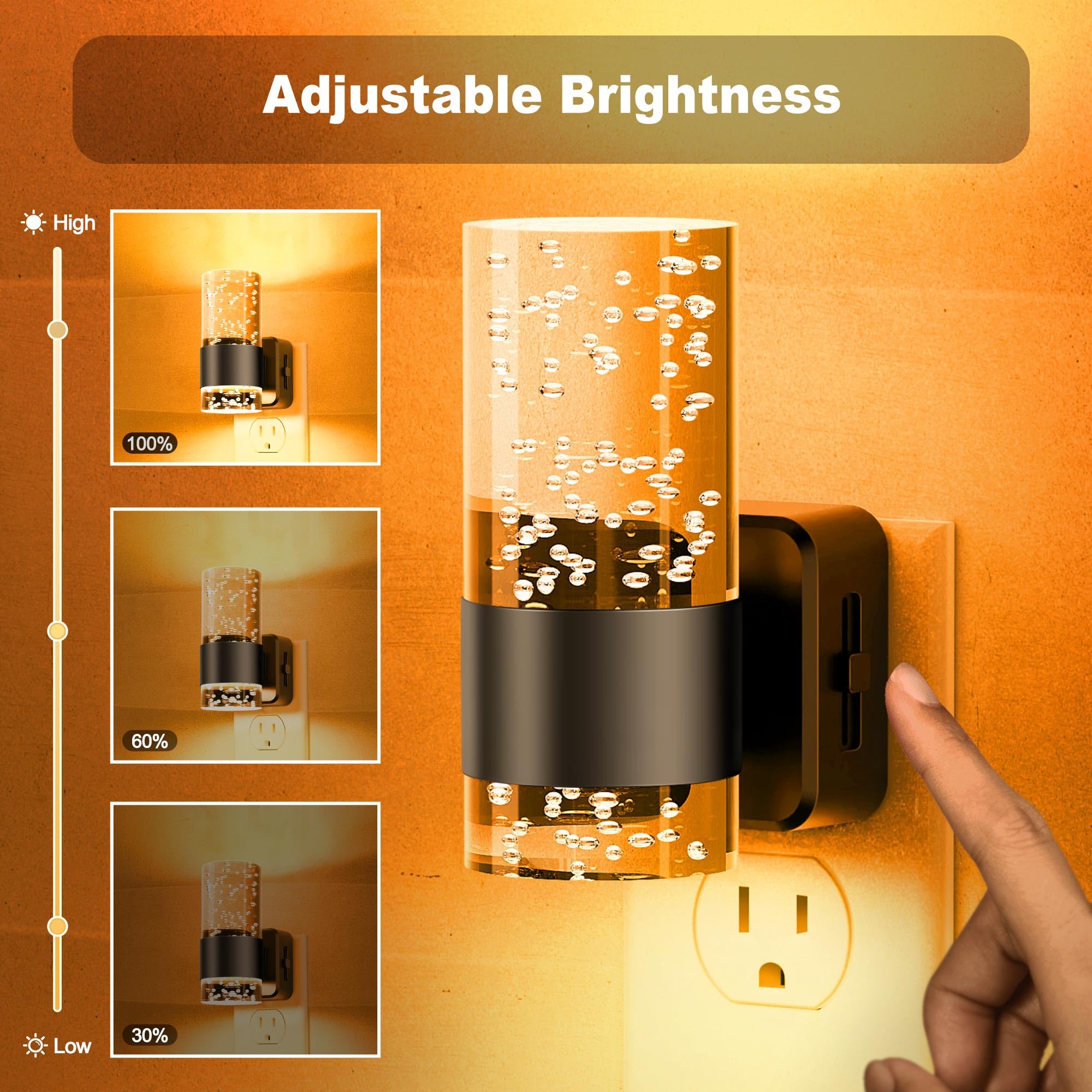 JandCase Dimmable LED Night Light, 2 Pack, Adjustable Brightness, Automatic Sensor, Black-Amber, Model GY197