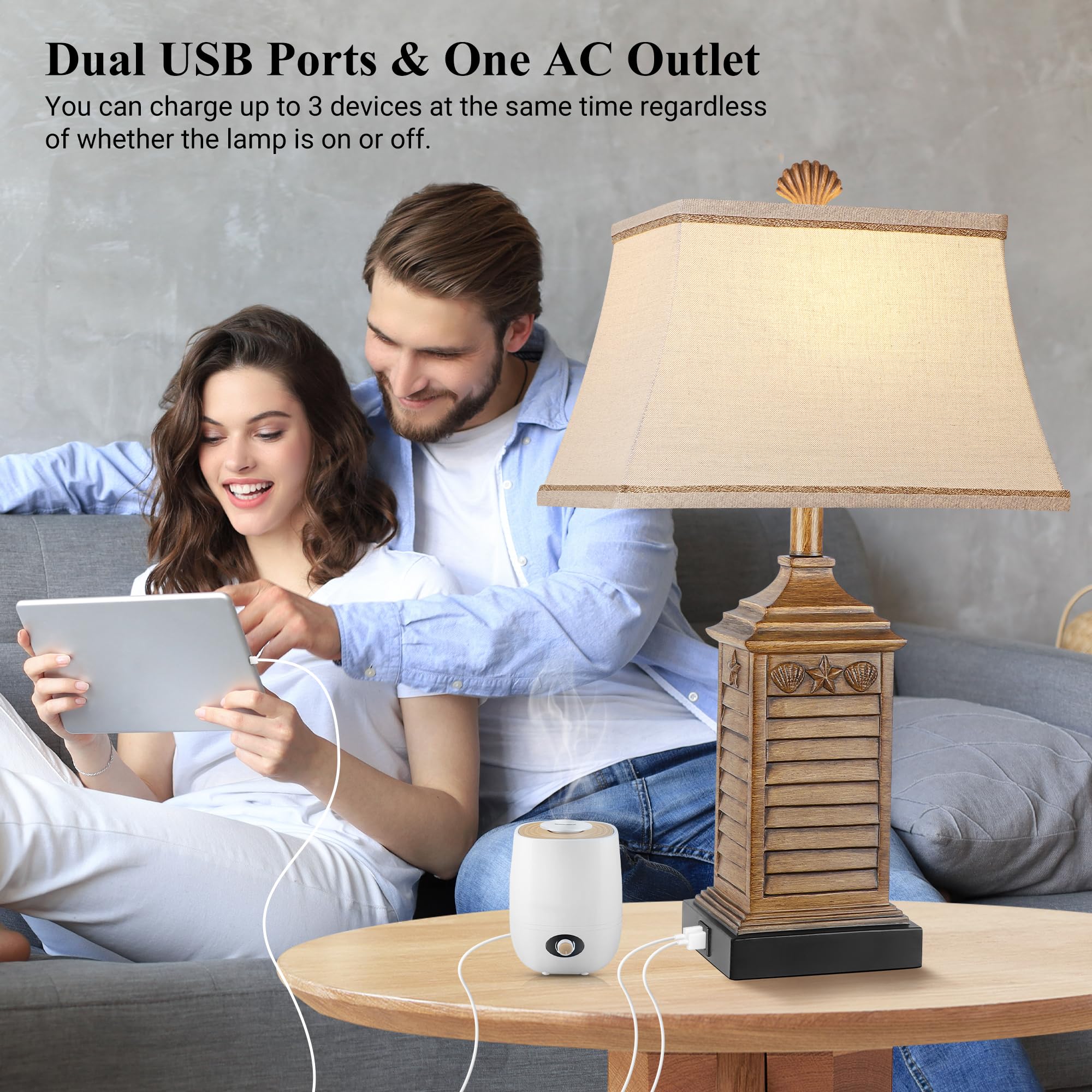 Hamucd Coastal Table Lamps Set Of 2 With Usb Ports & Ac Outlet - Brown Nautical Nightstand Decor