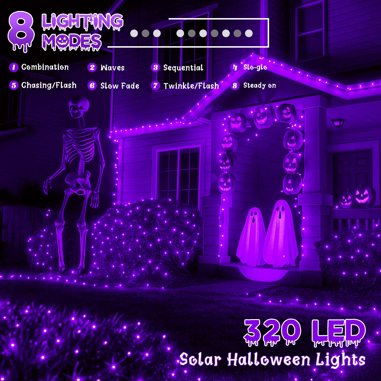SANJICHA 4 Pack Solar String Lights, 320 LED, 180FT, Waterproof, Purple, 8 Modes, for Halloween Decorations