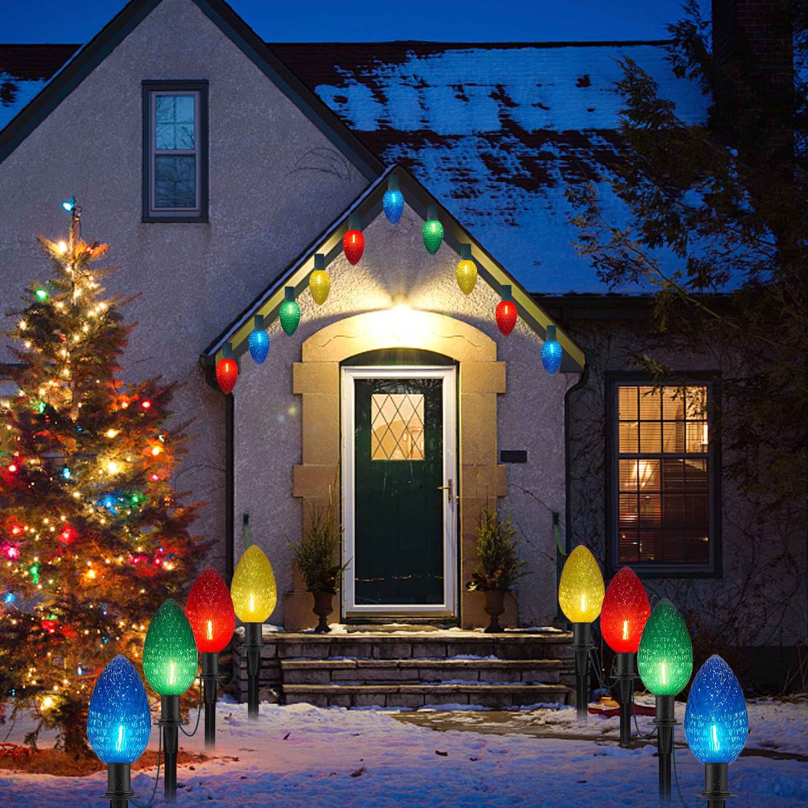 Abeja C9 Christmas Multicolor Pathway Lights, 2 Pack 7Ft Outdoor Pathway Markers Lights with 8 Jumbo C9 LED Multicolor Bulbs, Co
