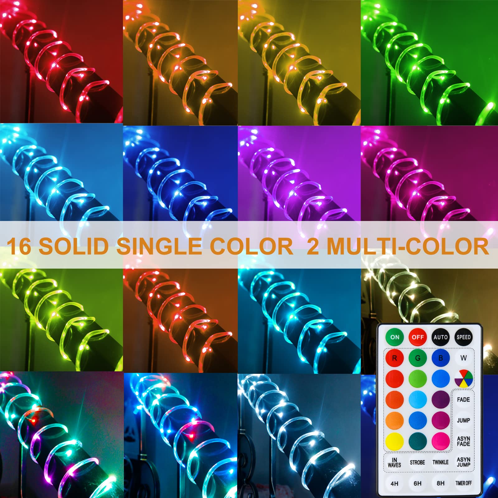 18 Colors 33Ft Solar Rope Lights Outdoor Waterproof Led, Color Changing 100 Led Rope Lights Blue Green Pink Fairy String Tube Lights Remote Timer For Trampoline Garden Fence Tree Party Christmas Decor