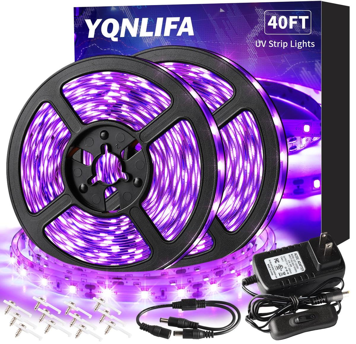 Yqnlifa 40Ft/12M Black Light Strip, Blacklight Flexible & Adhesive 720 Led, Black Light For Halloween, Neon Party, Birthday, Display Uranium Vaseline Glass, Posters, Curing Resin, Non-Waterproof Decor