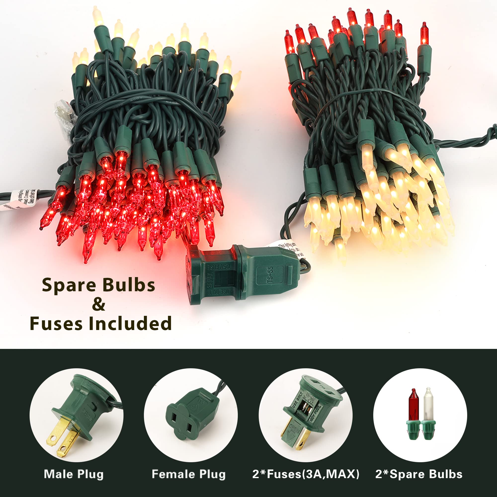 Odeetronic 100 Count Red & White Christmas Lights, 21.63Ft Incandescent String Lights, Ul Certified, Indoor/Outdoor Use