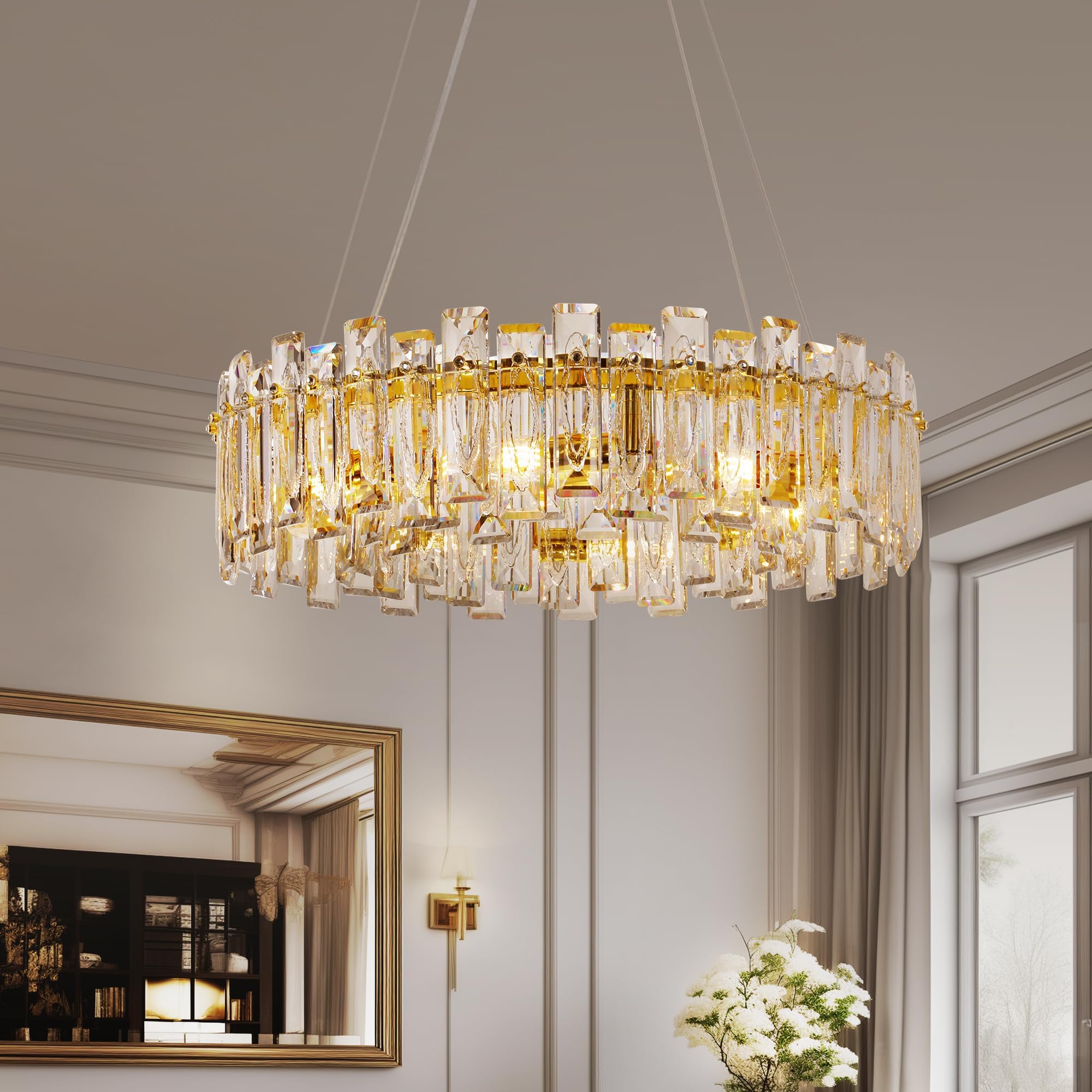 Puvaue Modern Elegant K9 Crystal Chandelier 8-Lights Gold Round Pendant Light Easy Install Ceiling Hanging Light Fixture for Dining Living Room Kitchen Island Entryway Foyer D23.6