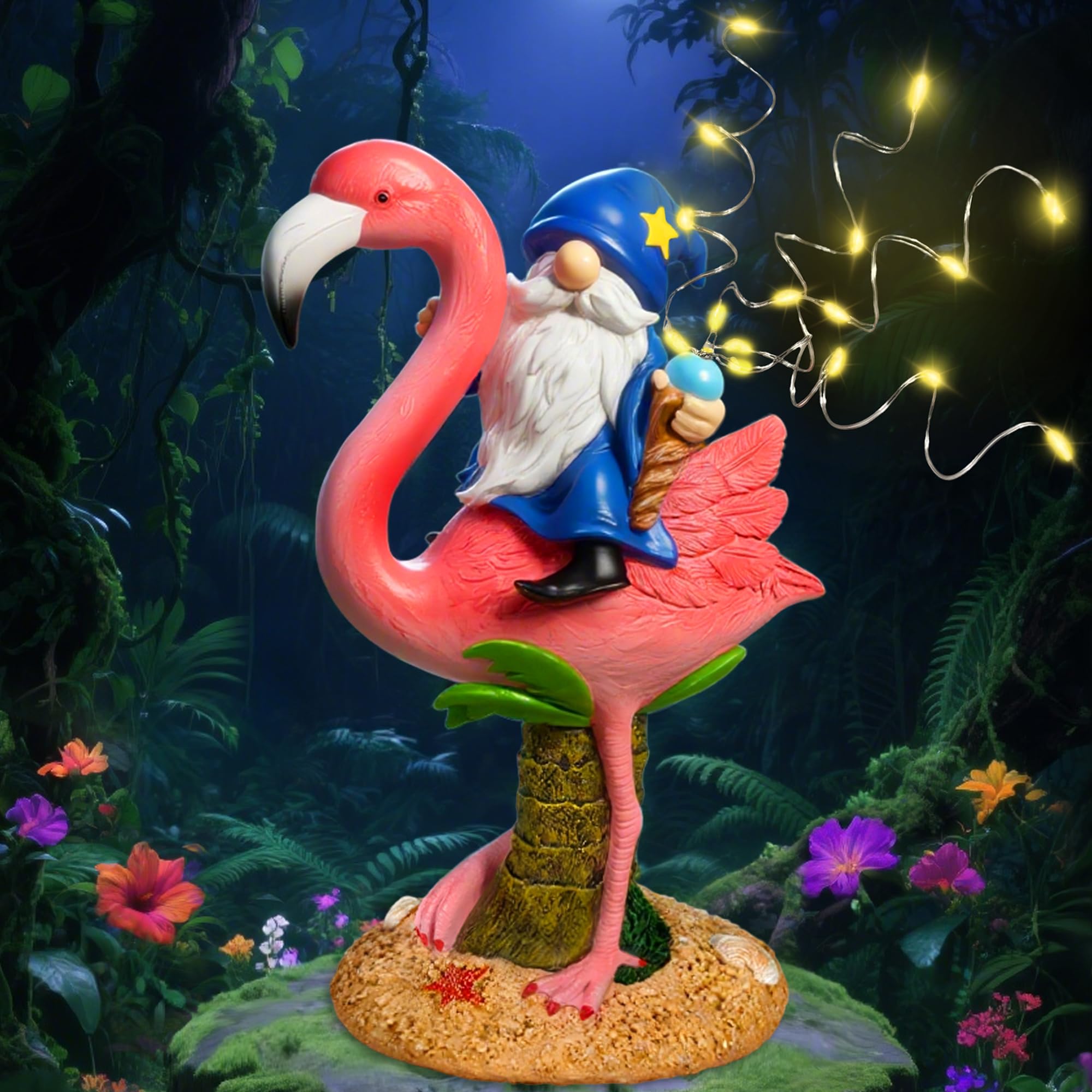 Funny Flamingo Gnome Solar Garden Statue with LED Light - Outdoor Yard Lawn Patio Decor - Great Birthday Housewarming Gift for W