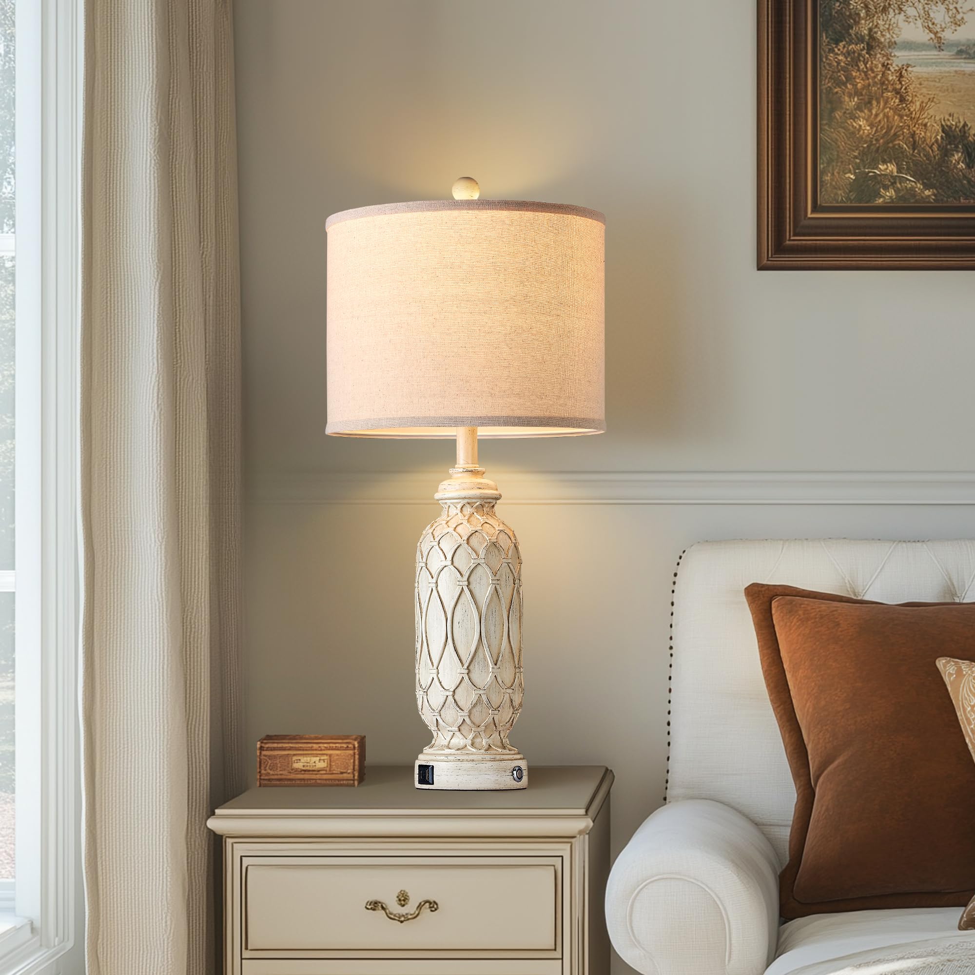 Ireliare Farmhouse Lamps For Living Room Set Of 2, 28'' Table Lamps For Bedroom With Usb A+C Charging Ports, Touch Lamps For Nig