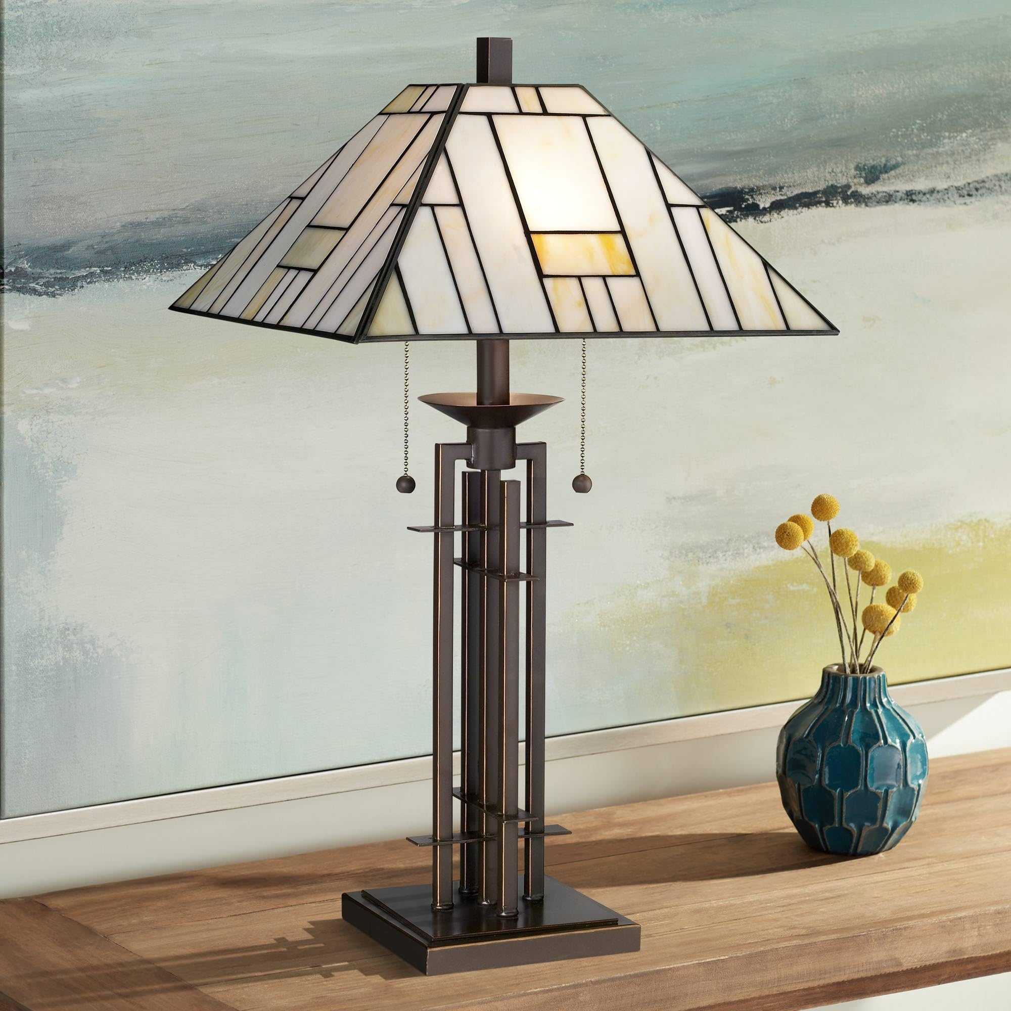 Franklin Iron Works Mission Tiffany Style Table Lamp Art Deco 26.25'' High Wrought Iron Dark Bronze Brown Gold White Stained Gla