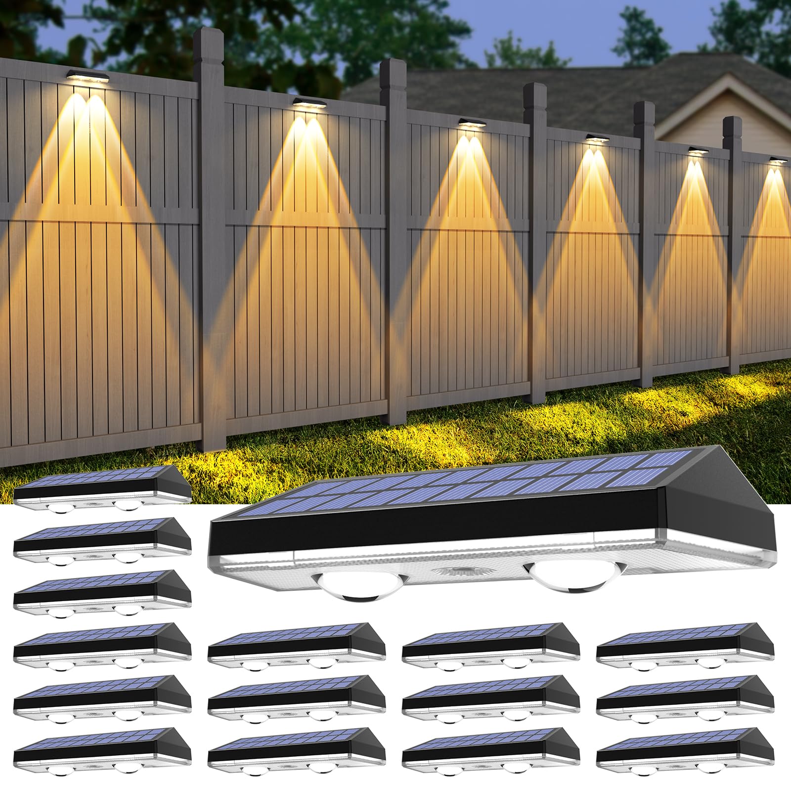 Solar Fence Lights ,Warm White & Cold White & Mixed Color 3 Modes Bright Lens Led Dusk To Dawn Deck Light, Fence Solar Lights Outdoor Waterproof,Solar Outdoor Lights For Backyard/Railing/Wall (16Pack)