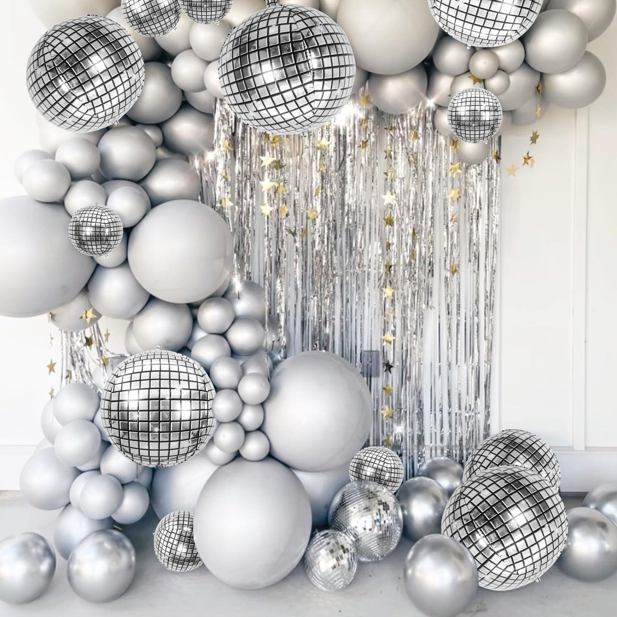 24 PCS Disco Ball Balloons Different Sizes- 4D Large Disco Balloons 10 Inch 15 Inch 18 Inch 22 Inch Assorted Round Metallic Silv