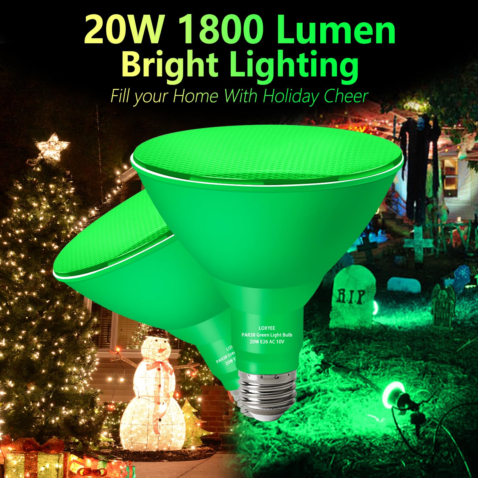 Loxyee Par38 Led Flood Green Light Bulbs,20 Watt Green Light Bulb Replace To 200 Watt,E26 Base Outdoor Green Light Bulbs For Halloween Light Bulbs, Party Decoration, Holiday Lighting(2 Pack)