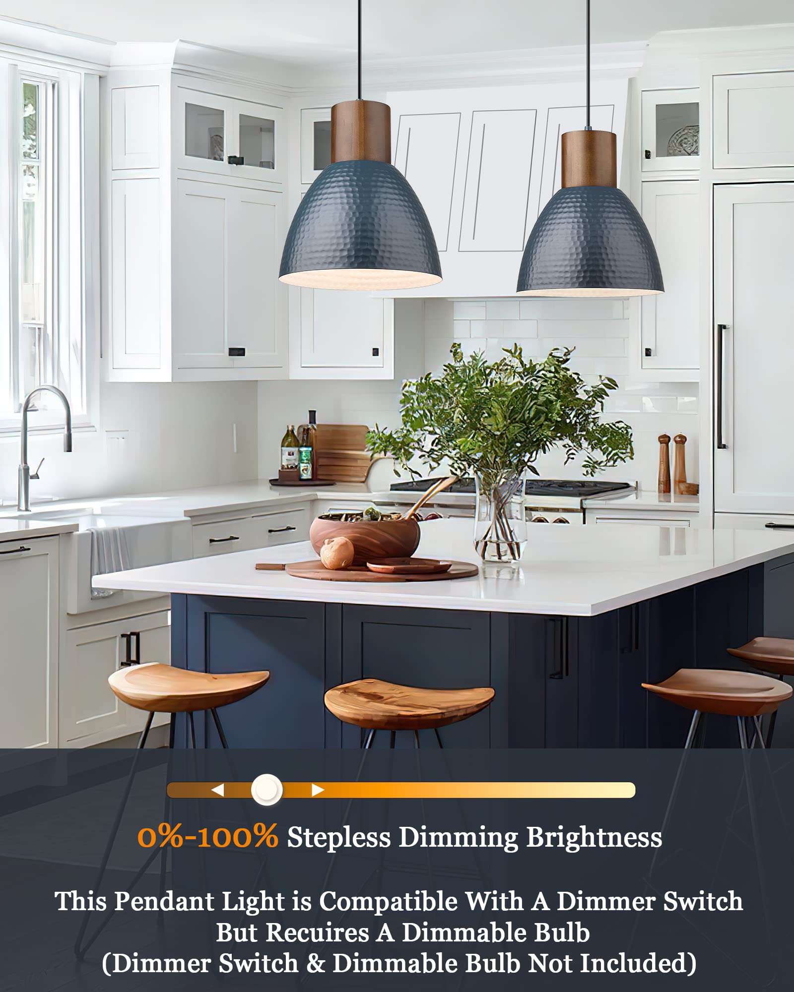 Elyona Modern Pendant Light - 10.2” Adjustable Dark Blue Hammered Metal Bar Lamp For Kitchen & Dining