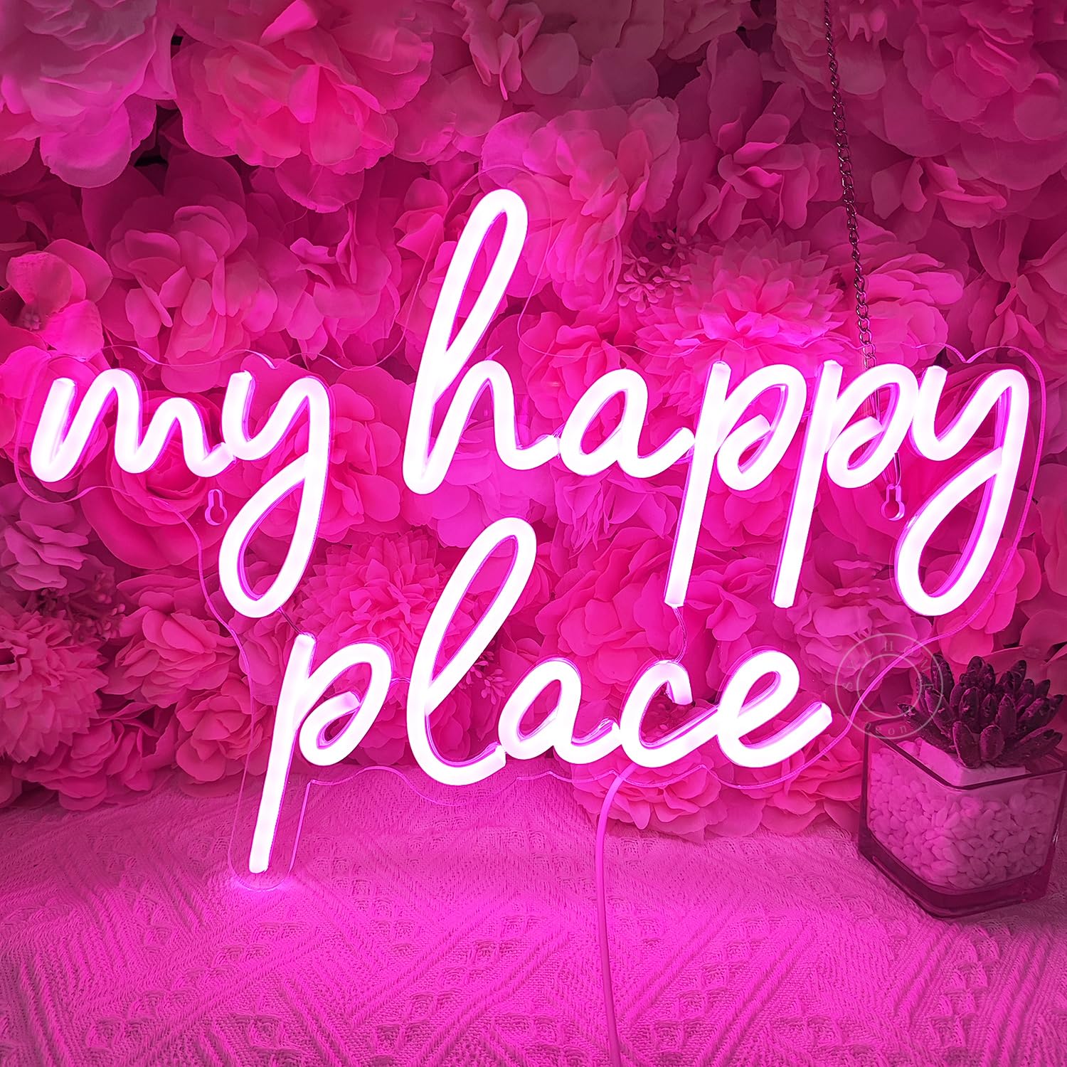 SYLHOME LED Neon Light Sign, Pink My Happy Place, 15.8in x 11.2in, Acrylic, Model NS-ZF5V-AMZ-myhappyplace-P