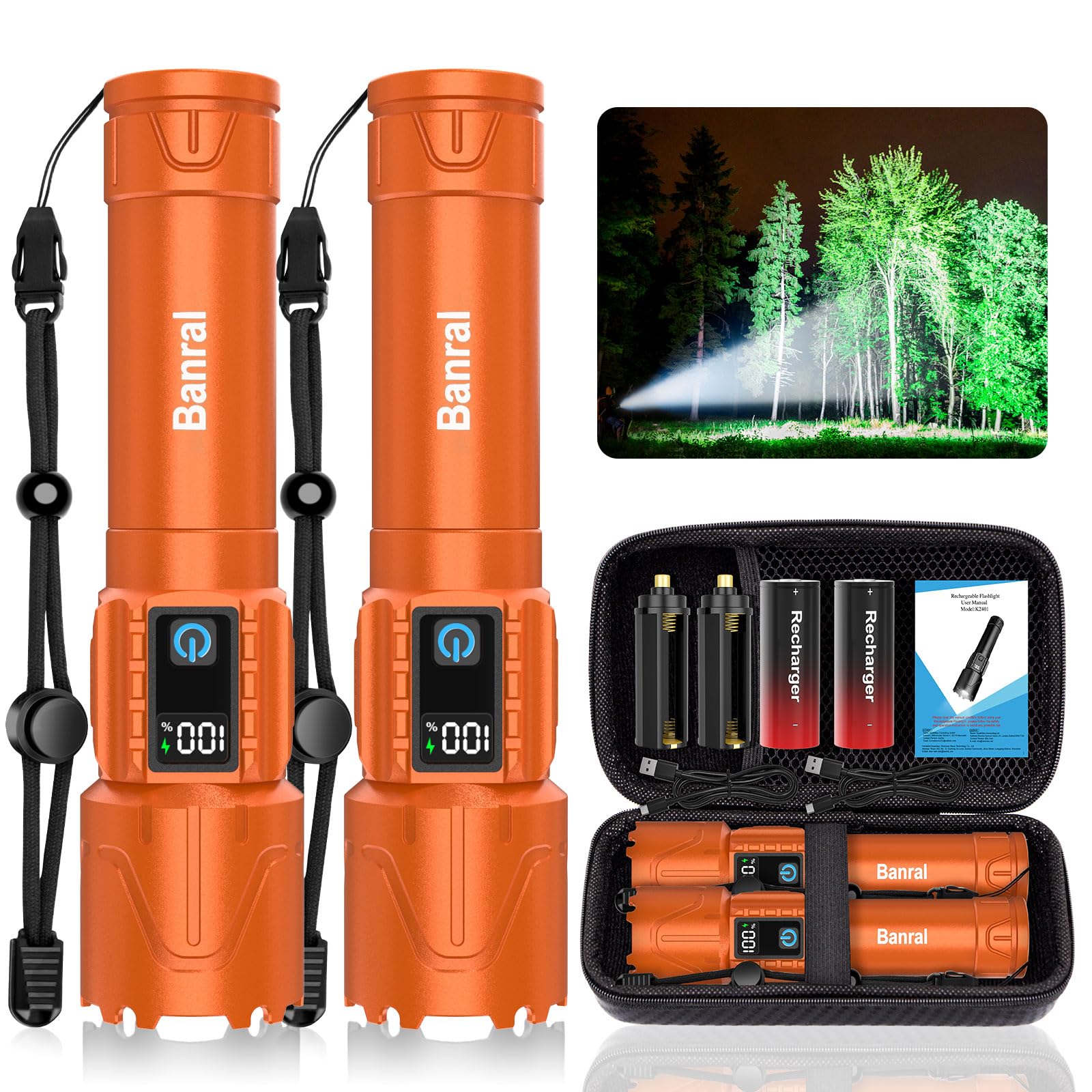 Banral Rechargeable Tactical Flashlight - 5000mAh, Super Bright LED, Waterproof, 5 Modes, Zoomable, Orange, Model K-2401-B