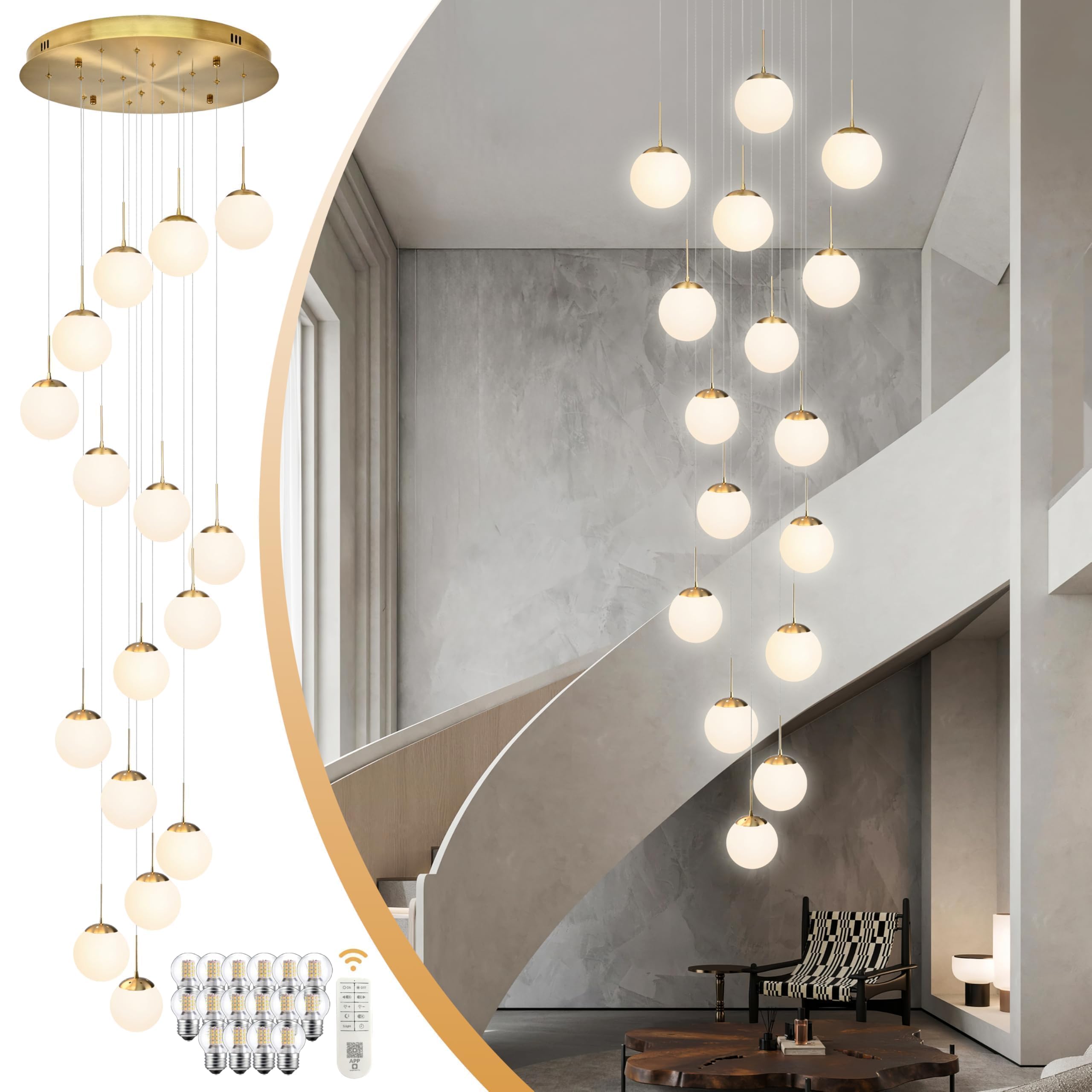 Koko&Yukina 16-Light Gold Mid Century Modern Chandelier For Living Room Staircase Chandelier For Entryway Globe Milky White Glas