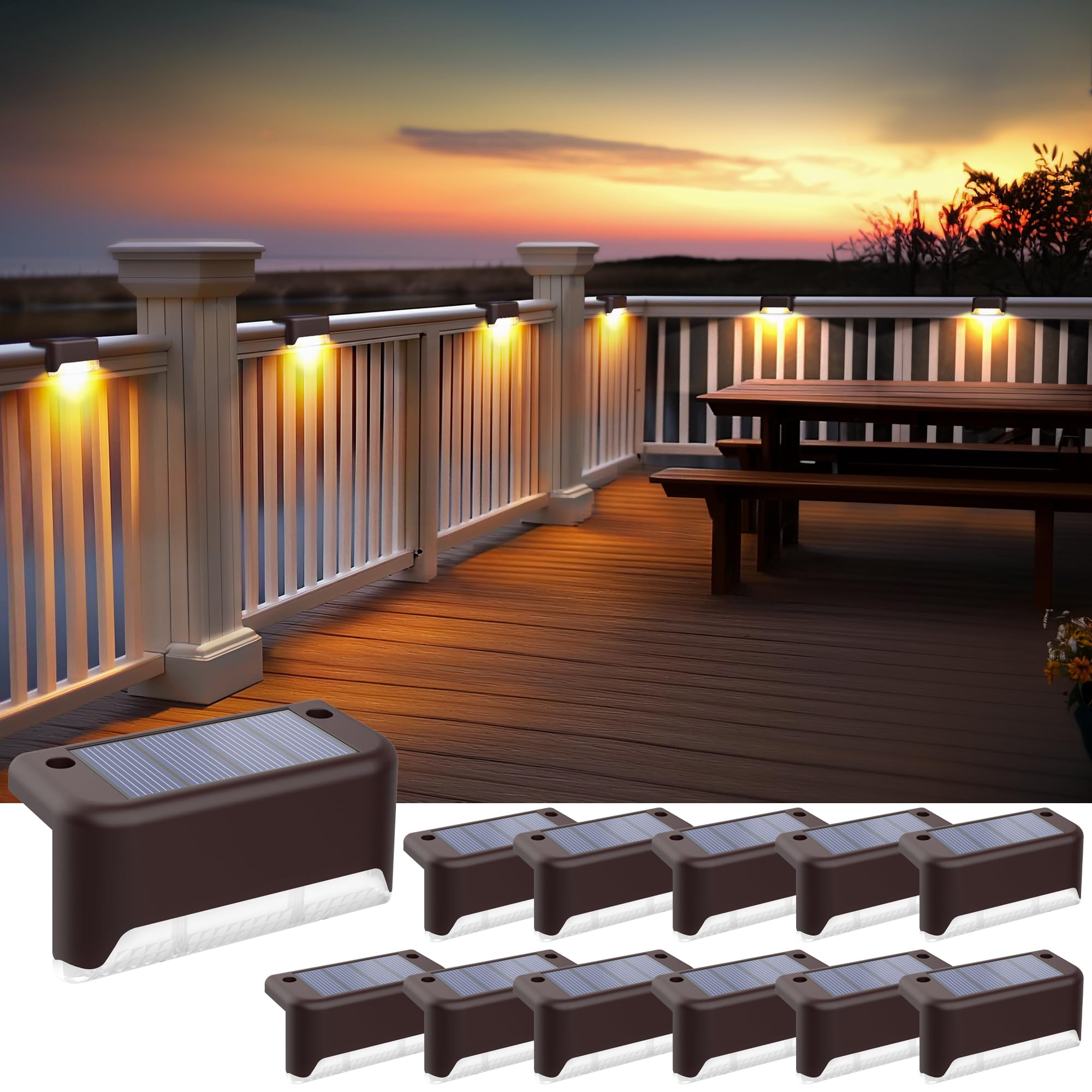 SOLPEX Solar Step Lights, 12 Pack Warm White LED Deck Lights, Brown, Model 9782 for Stair, Balcony, Yard, Garden, and Patio Decor