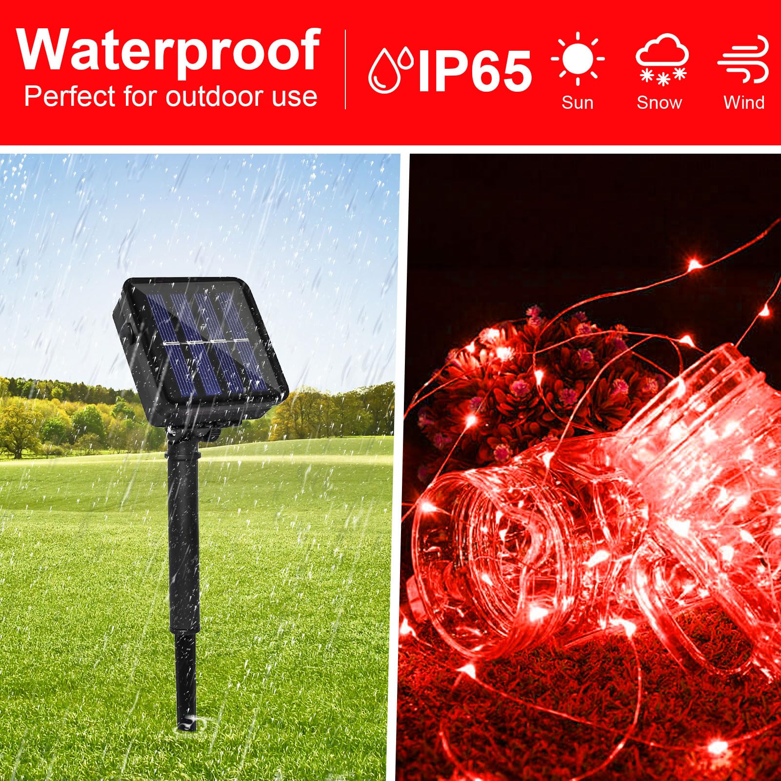Daylightir Solar Powered String Lights, 200 Led 66Ft Red Fairy Lights For Outdoor Decor