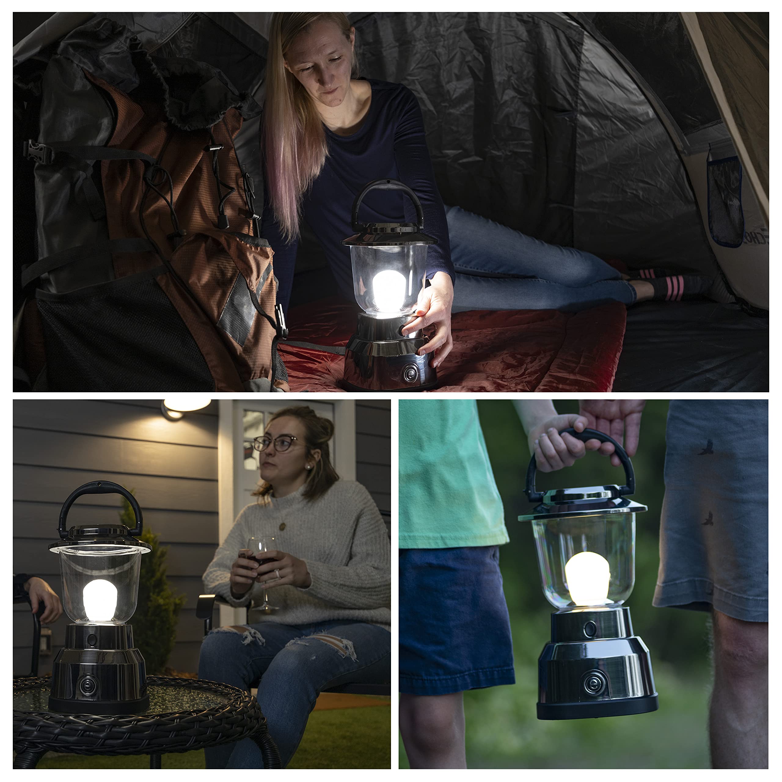 Enbrighten LED Camping Lantern, 550 Lumens, 280 Hour Runtime, Brushed Nickel, Model 14210, Battery Powered, Carabiner Handle