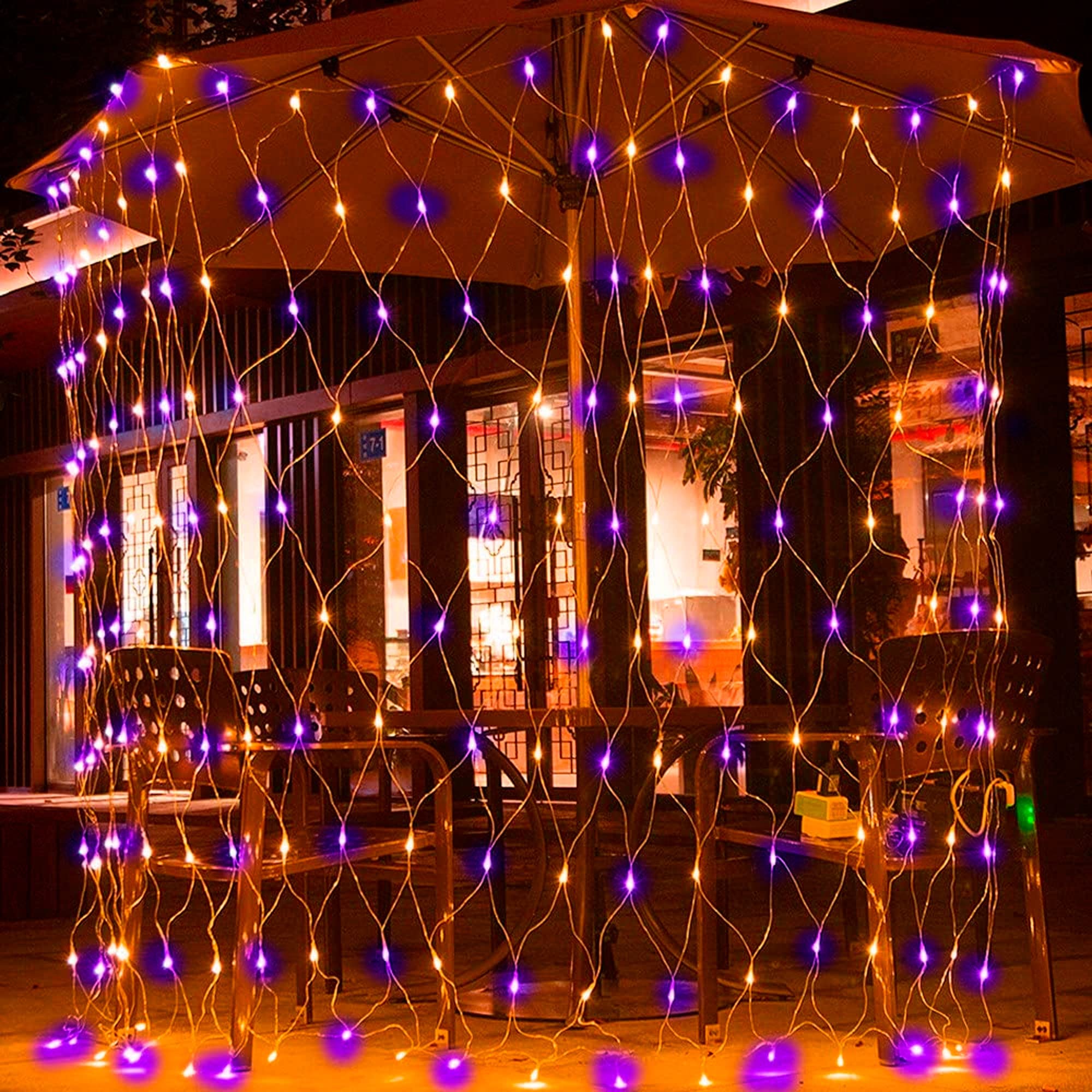 Dazzle Bright 360 LED Net Lights, Waterproof 12FT x 5FT, 8 Modes, Purple & Orange, Model HB-360WCOI, Clear Wire