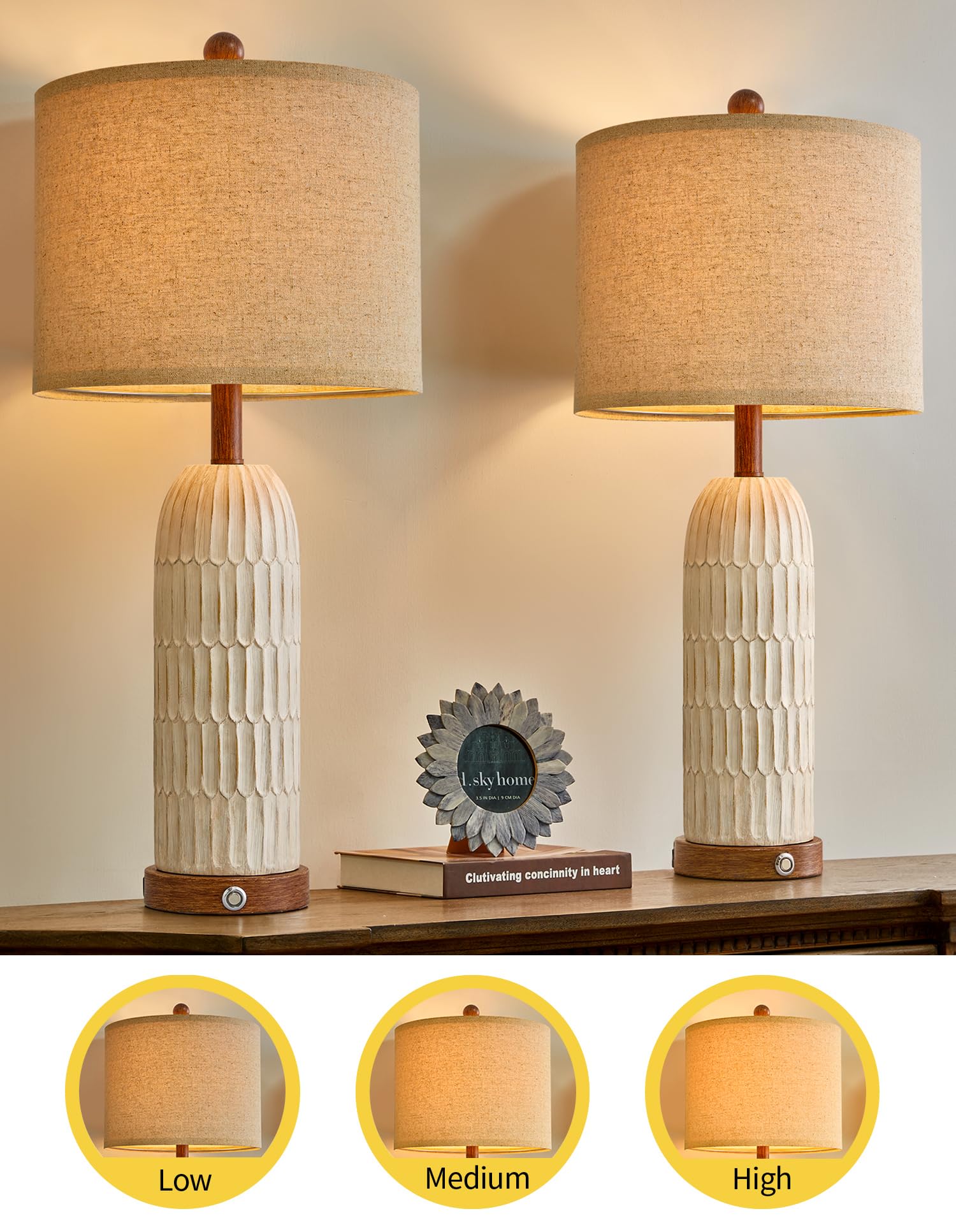 Oyears 3-Way Dimmable Touch Control Table Lamp Set Of 2 With Dual Usb A+C Ports For Bedroom Living Room 26.5    Modern Farmhouse