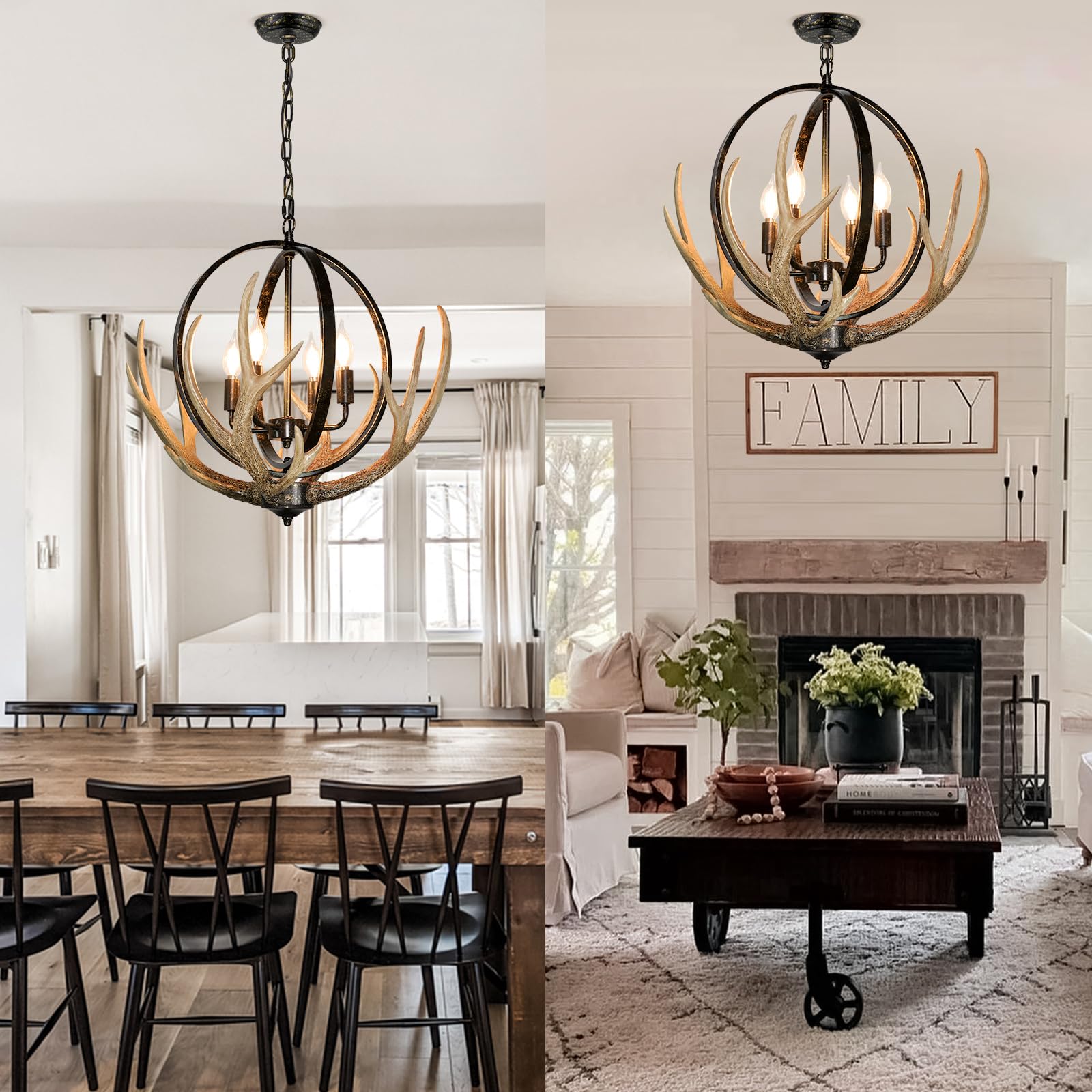 Debemenes Antler Chandelier 4 Lights, 20" Rustic Farmhouse Chandelier With Resin 4 Antlers And Retro Metal Globe Chandeliers Vintage Style For Dining Room, Kitchen, Entryway, Living Room