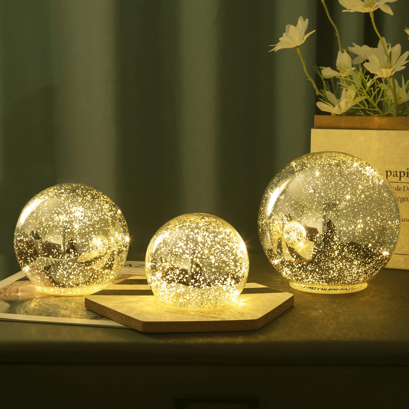 Kaowod Lighted Mercury Glass Ball Table Lamp - 6 Inch Silver Orb with Timer, Battery Operated Night Light for Home Décor