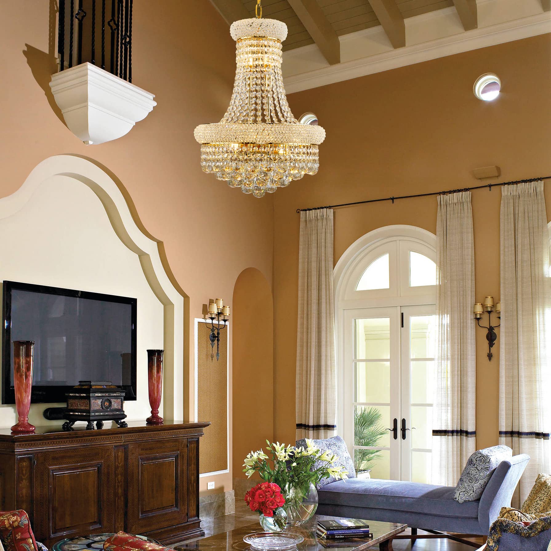 Homeooze Large Empire Crystal Chandelier, Gold Finish, 51" H x 32" W, Stainless Steel, Model CH-001 for High Ceilings and Entryways