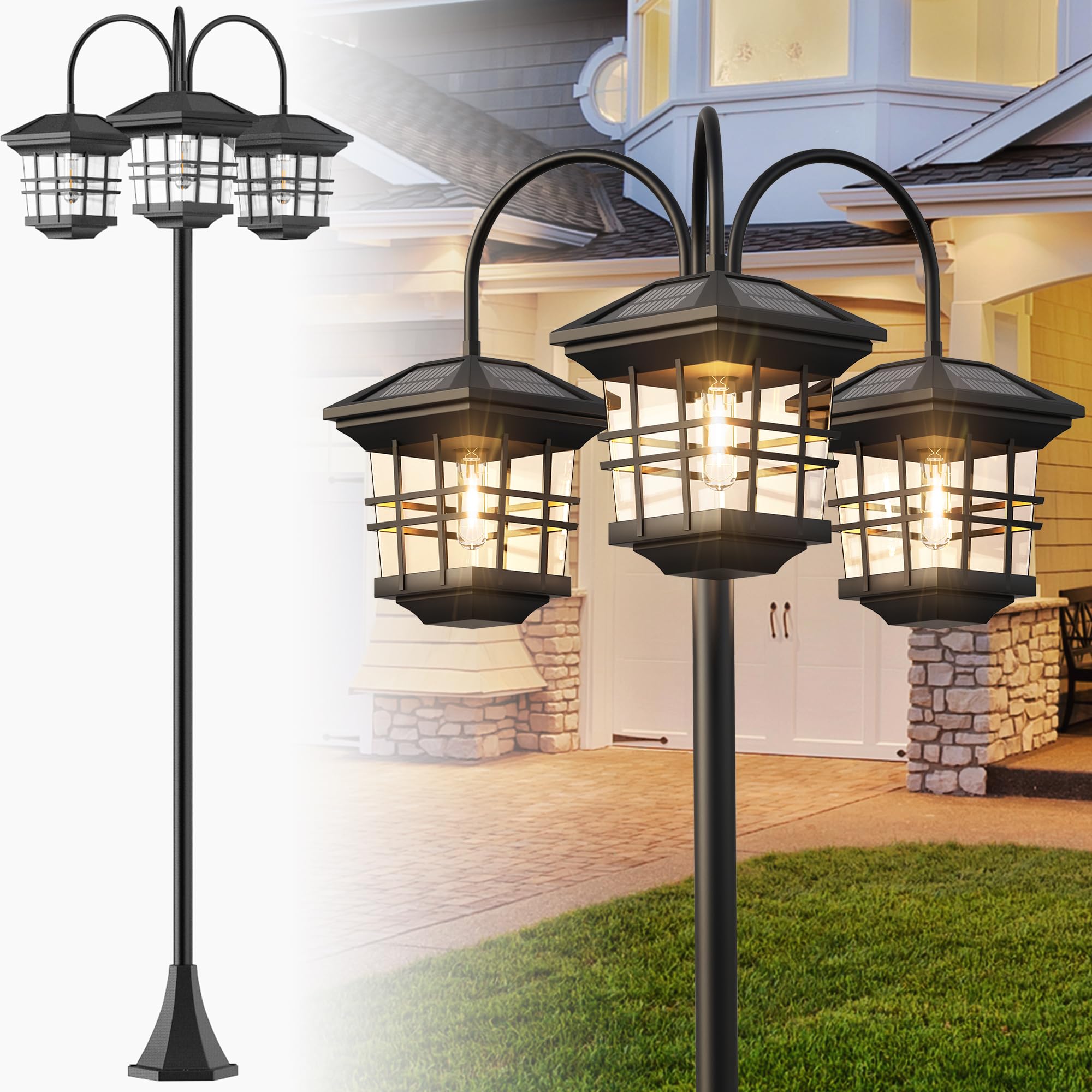 PARTPHONER 76in Classic Black Solar Lamp Post - 3-Head Waterproof Outdoor Street Light, LED Bulbs Included, Model PAPO033AB1