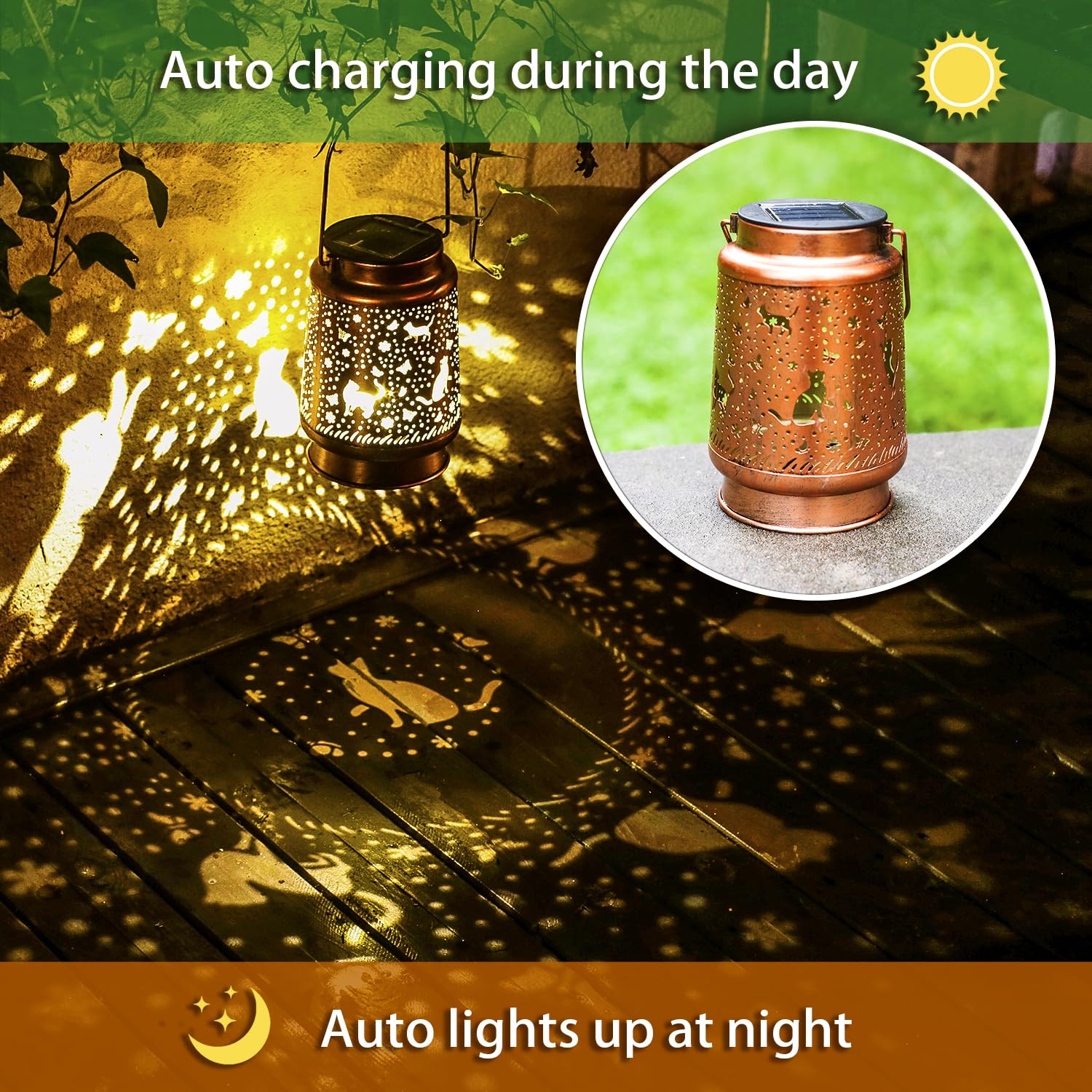 2 Pack Cat Outdoor Solar Hanging Lanterns Waterproof Led Solar Lights Metal Decorative Lanterns For Garden, Patio, Courtyard, Ba