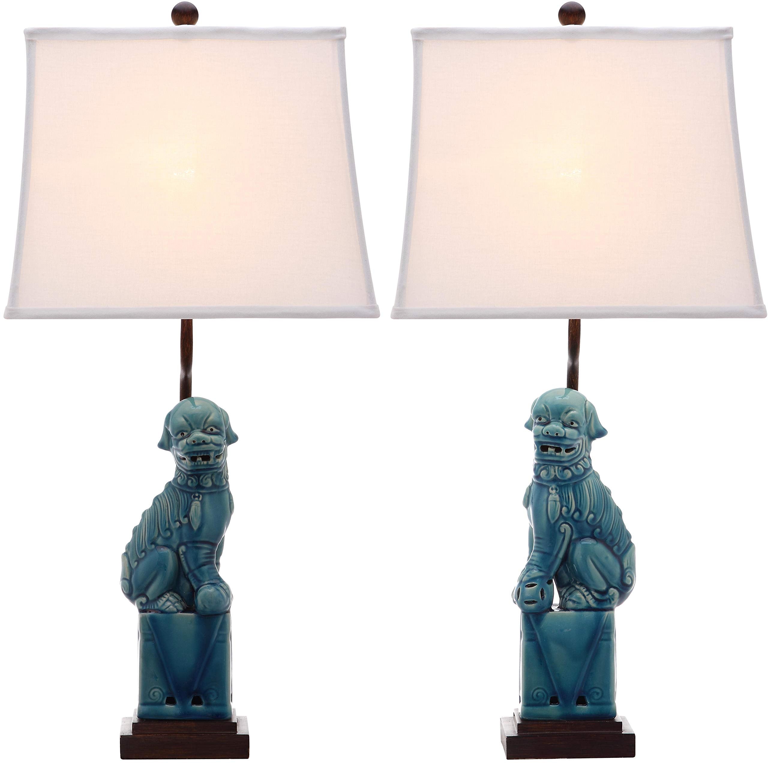 SAFAVIEH Lighting - Foo Dog 28.5-Inch Ceramic Table Lamp Set of 2 - Blue - Sculpted Figure Design - Ideal for Living Room, Bedro